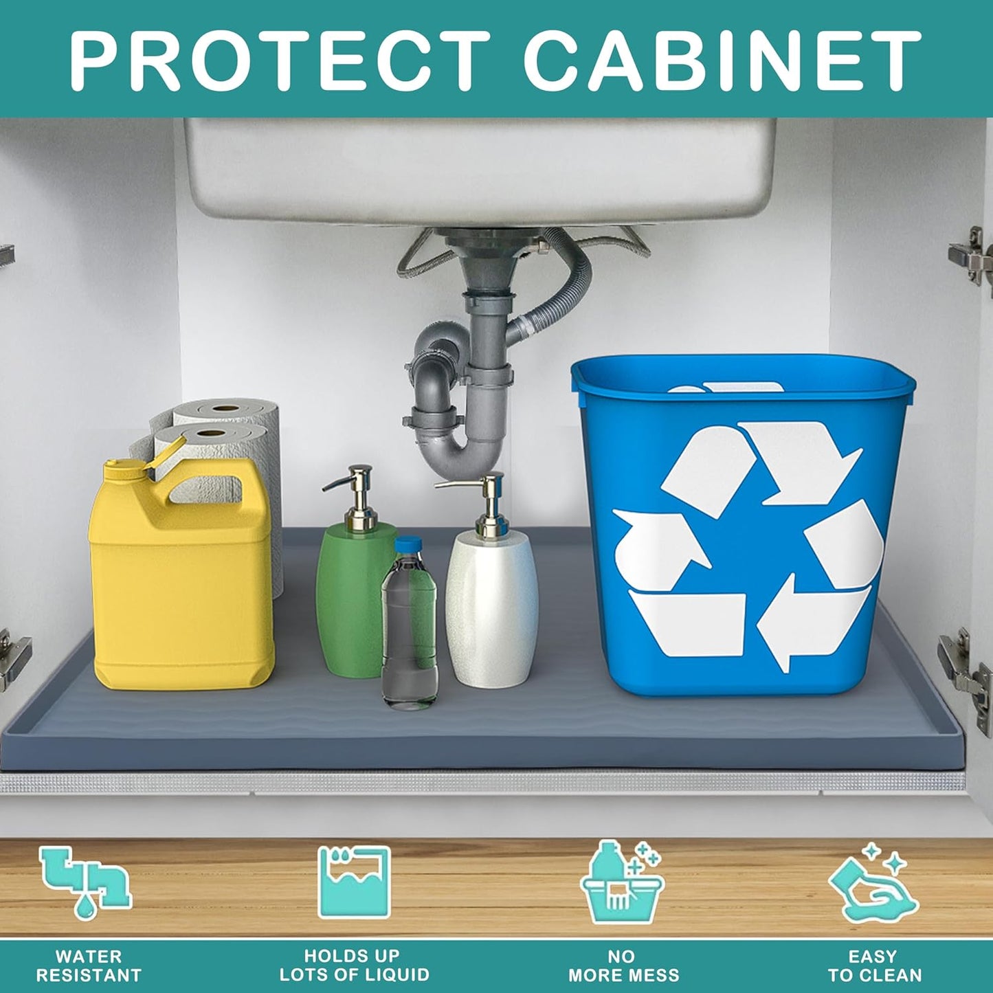 URMONA Waterproof Silicone Under Sink Mat 28'' x 22'' Shelf Liner for Kitchen and Bathroom, Cabinet