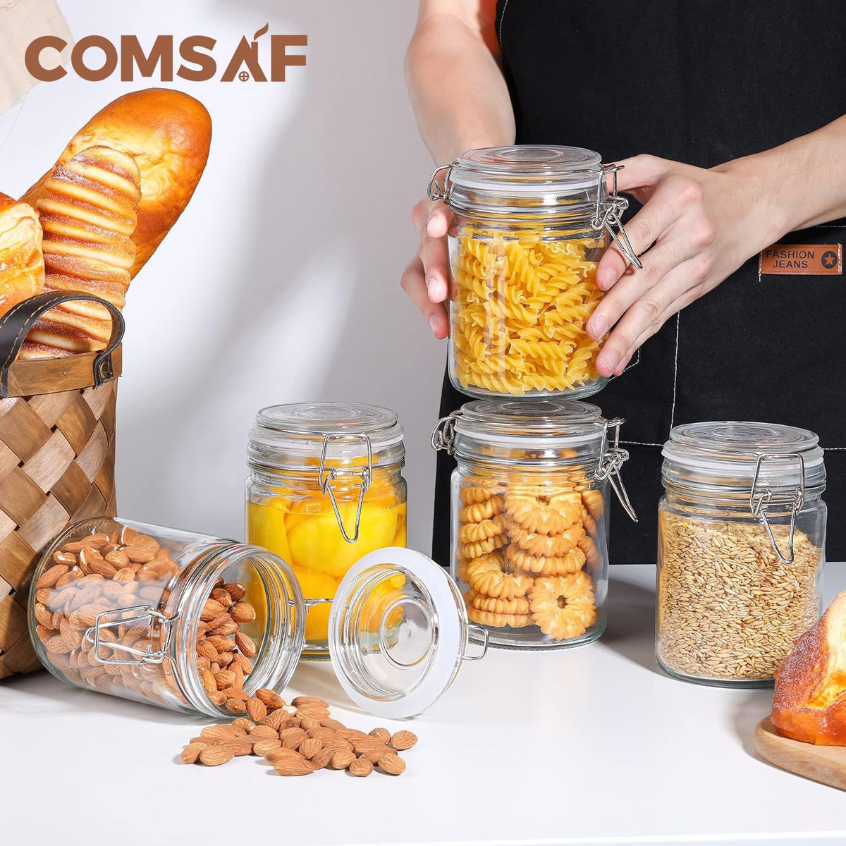 ComSaf Airtight Glass Canister with Lid Set of 6, 25oz Food Storage Jar, Mason Jars, Storage