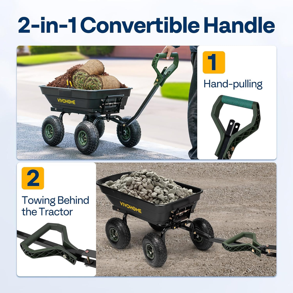 VIVOHOME 4 Cu.Ft 660lbs Wheelbarrow Garden Cart Dump Wagon with 2-in-1 Convertible Handle Attach to