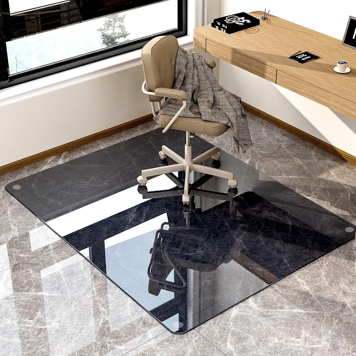 GLSLAND Office Chair Mat, 36" x 46" Grey Tempered Glass Floor Mat for Office Chair on Carpet, 1/6"