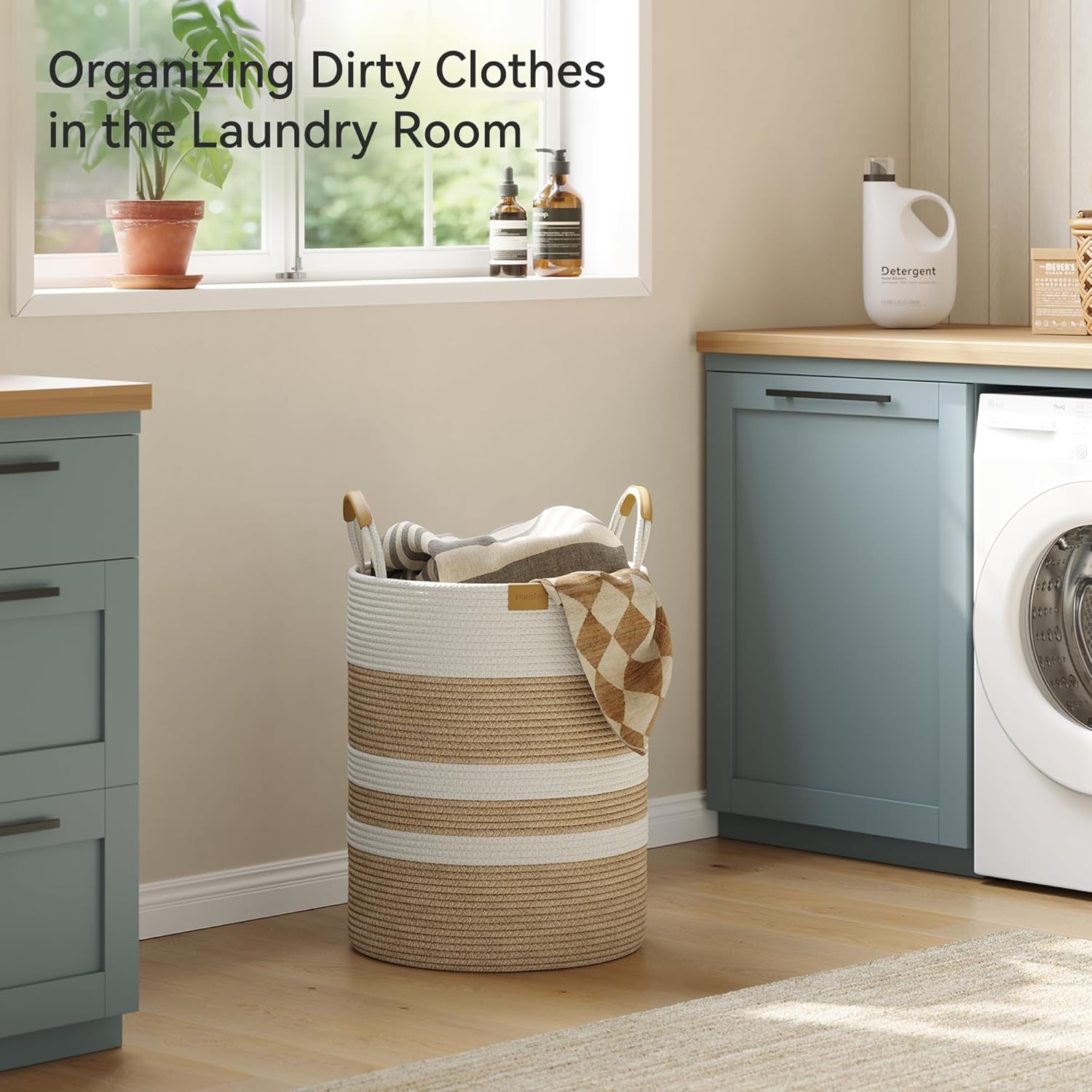 62L Striped Laundry Hamper with Leather Handles,Large Foldable Laundry Basket for Clothes,Cotton