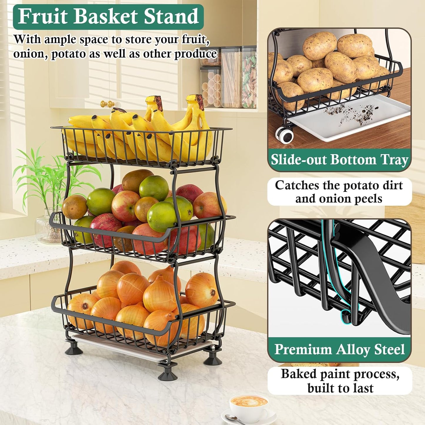 3-Tier Rolling Pantry Floor Organizer and Storage Cart with Wheels, Stackable Wire Pantry Baskets