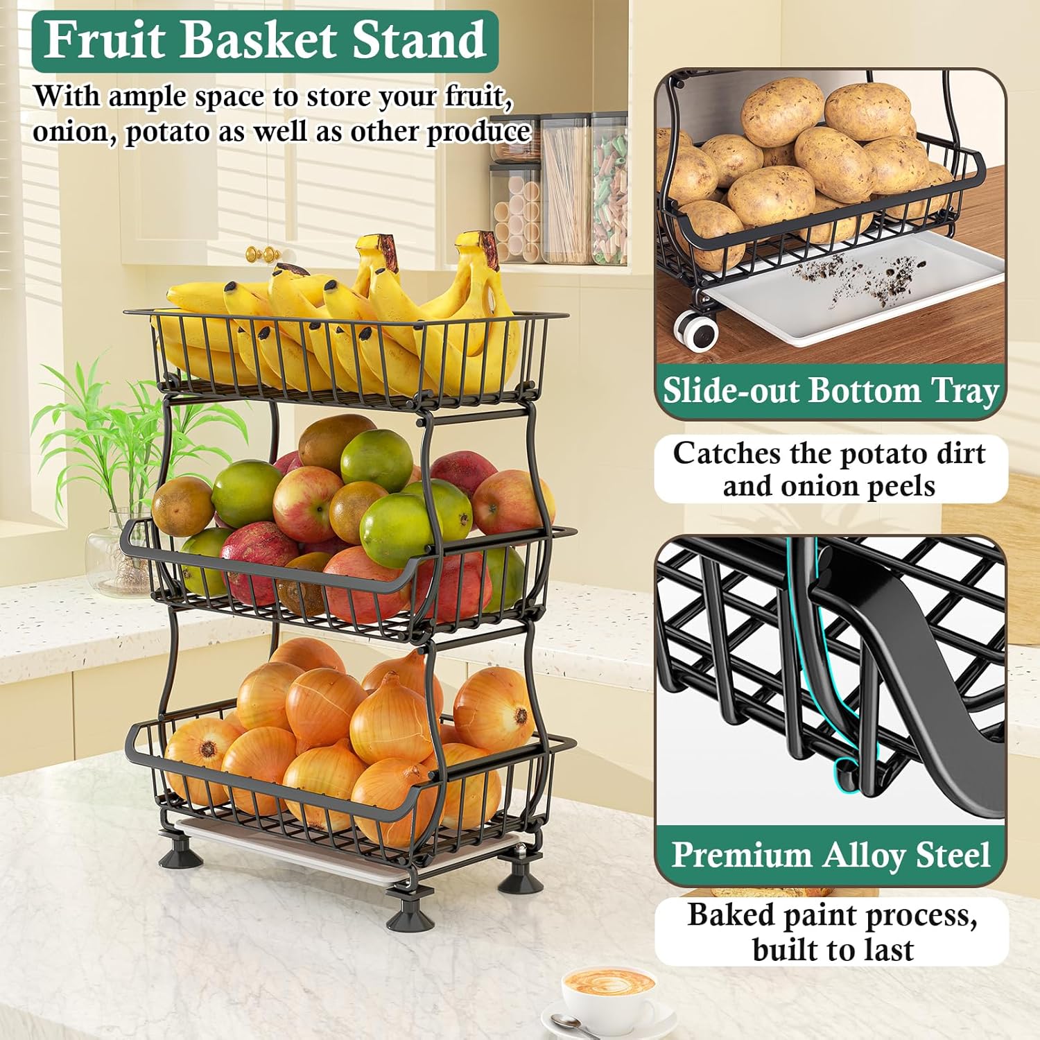 3-Tier Rolling Pantry Floor Organizer and Storage Cart with Wheels, Stackable Wire Pantry Baskets