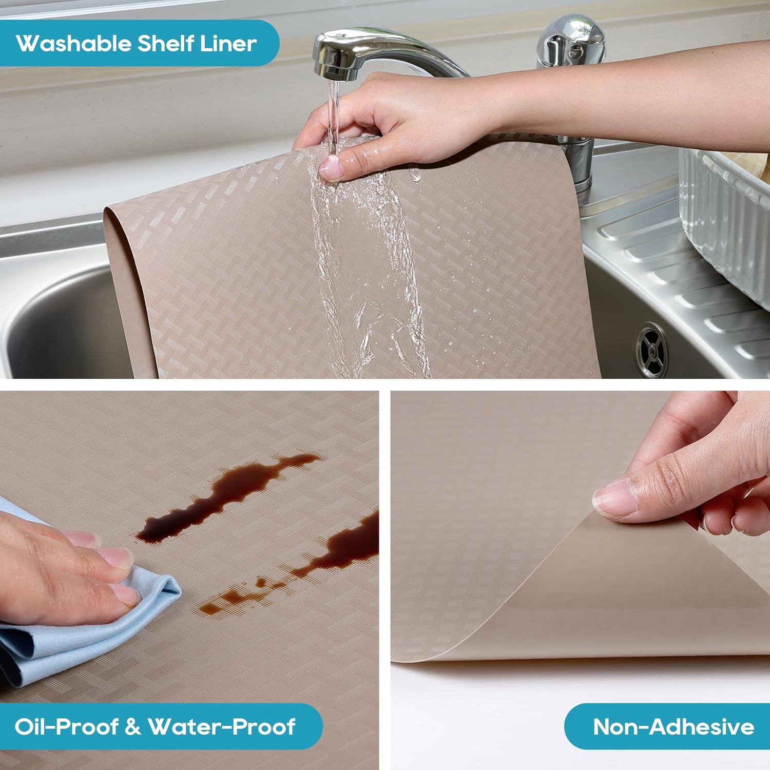 Beige Shelf Liners for Kitchen Cabinets Refrigerator Liners Waterproof & Oil-Proof Kitchen Cupboard