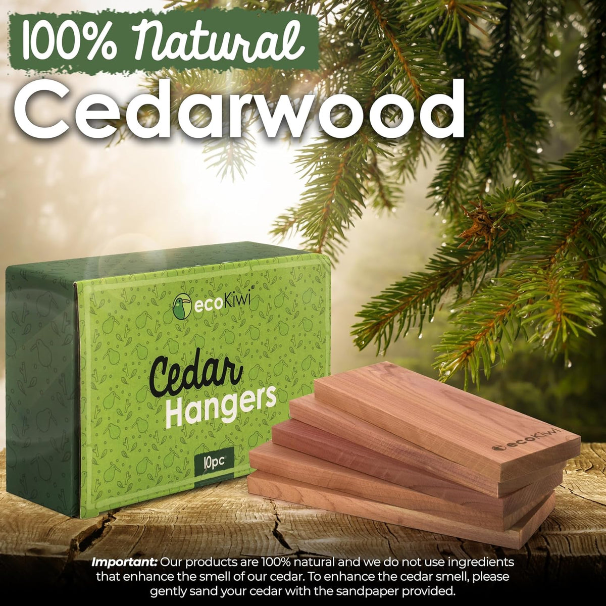 ecoKiwi Cedar Blocks for Clothes Storage - 10 Pack Hang Ups - 100% Natural Aromatic Cedar Planks
