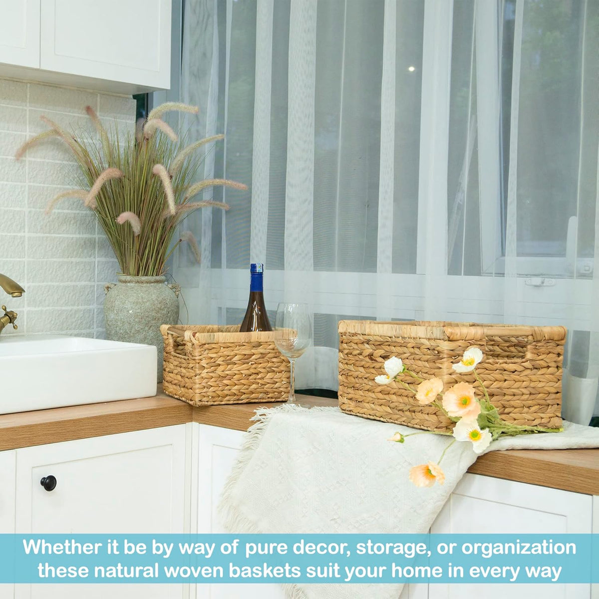 Water Hyacinth Storage Baskets with Wooden Handles, Rectangular Woven Organizer Bins for Closet