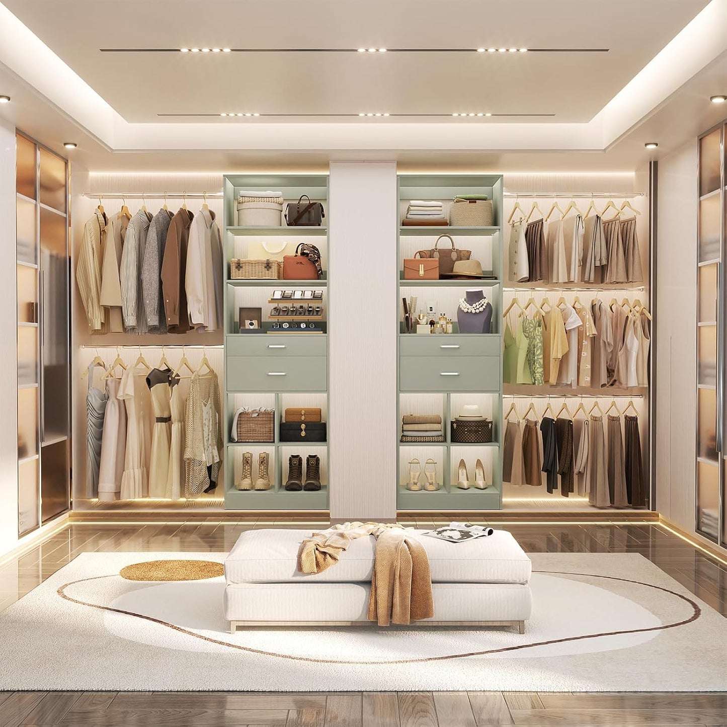Closet System, 4-8 FT Closet Organizer Tower with 2 Wooden Drawers and Shelves, Can Fit 60 to 96