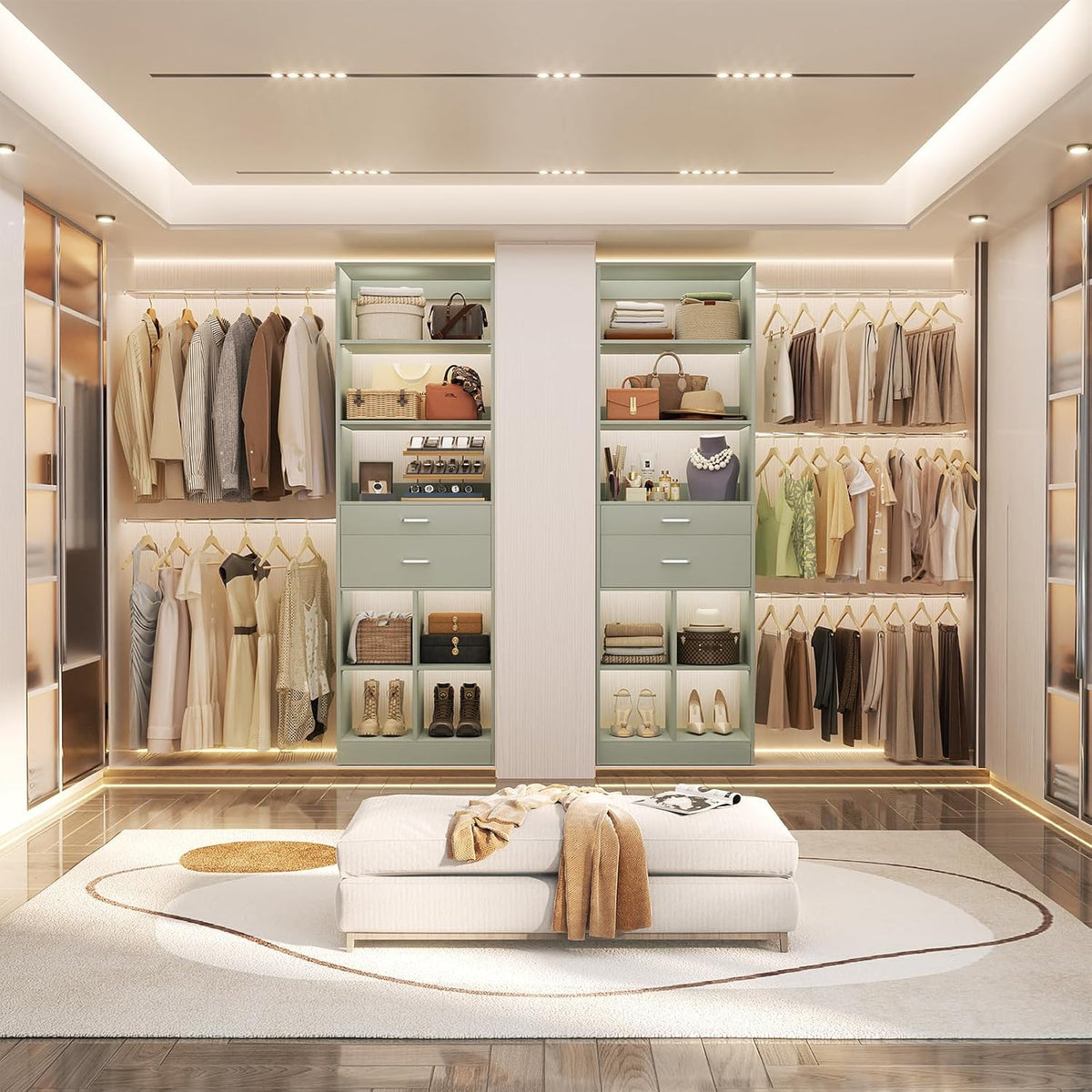 Closet System, 4-8 FT Closet Organizer Tower with 2 Wooden Drawers and Shelves, Can Fit 60 to 96