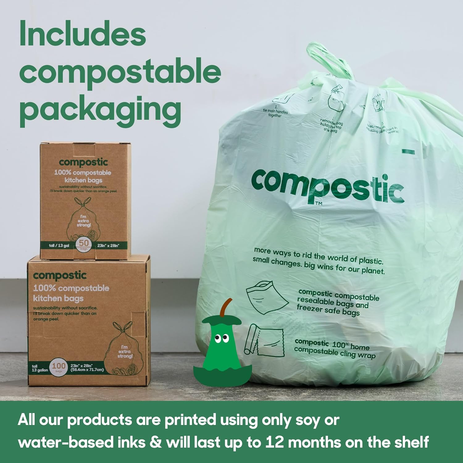 Compostic Home Compostable Trash Bags, 13 Gallon Tall Kitchen Rubbish Bags (23” x 29”), Extra