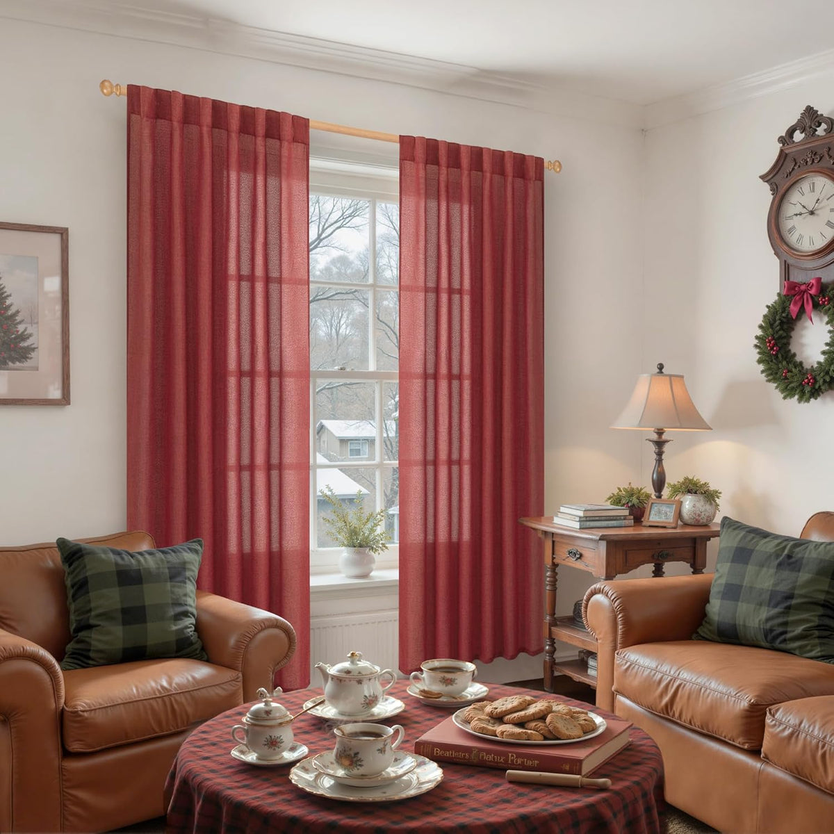 YoungsTex Red Linen Semi Sheer Curtains 78 Inch Length for Living Room, Christmas Light Filtering