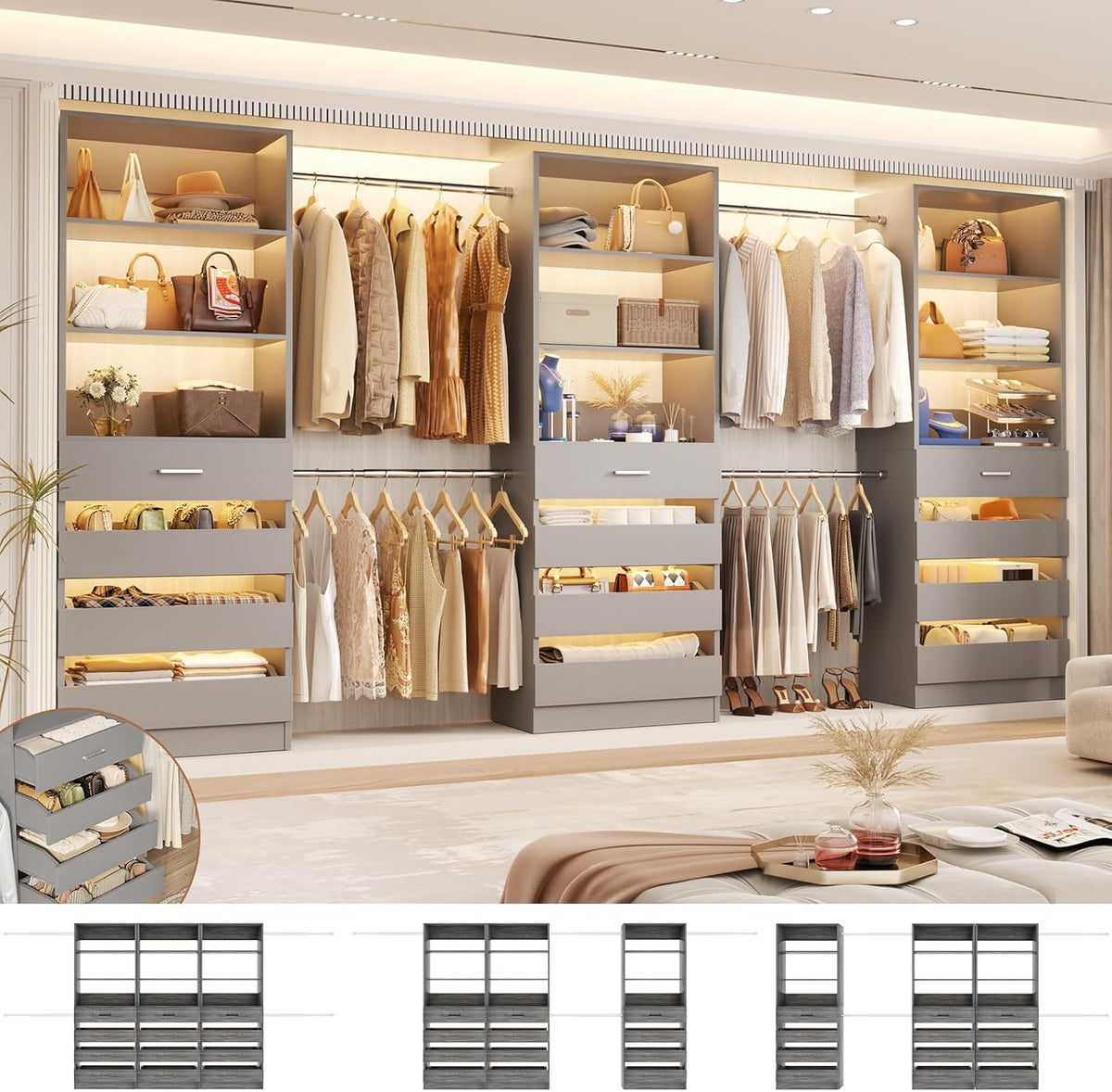 Aheaplus Closet System with 12 Drawers, 8.5-11.5Ft Wood Closet Organizer System with 4 Hanging Rods