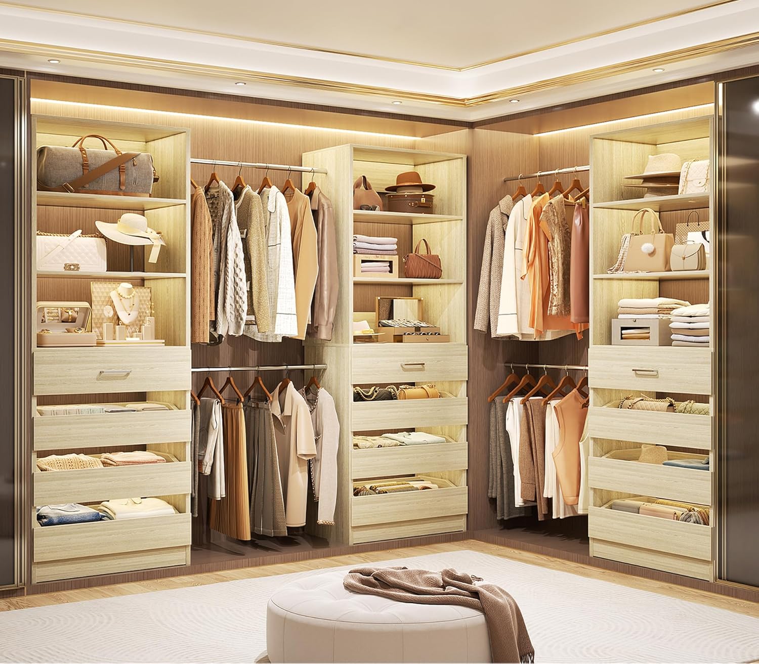Aheaplus Closet System with 12 Drawers, 8.5-11.5Ft Wood Closet Organizer System with 4 Hanging Rods