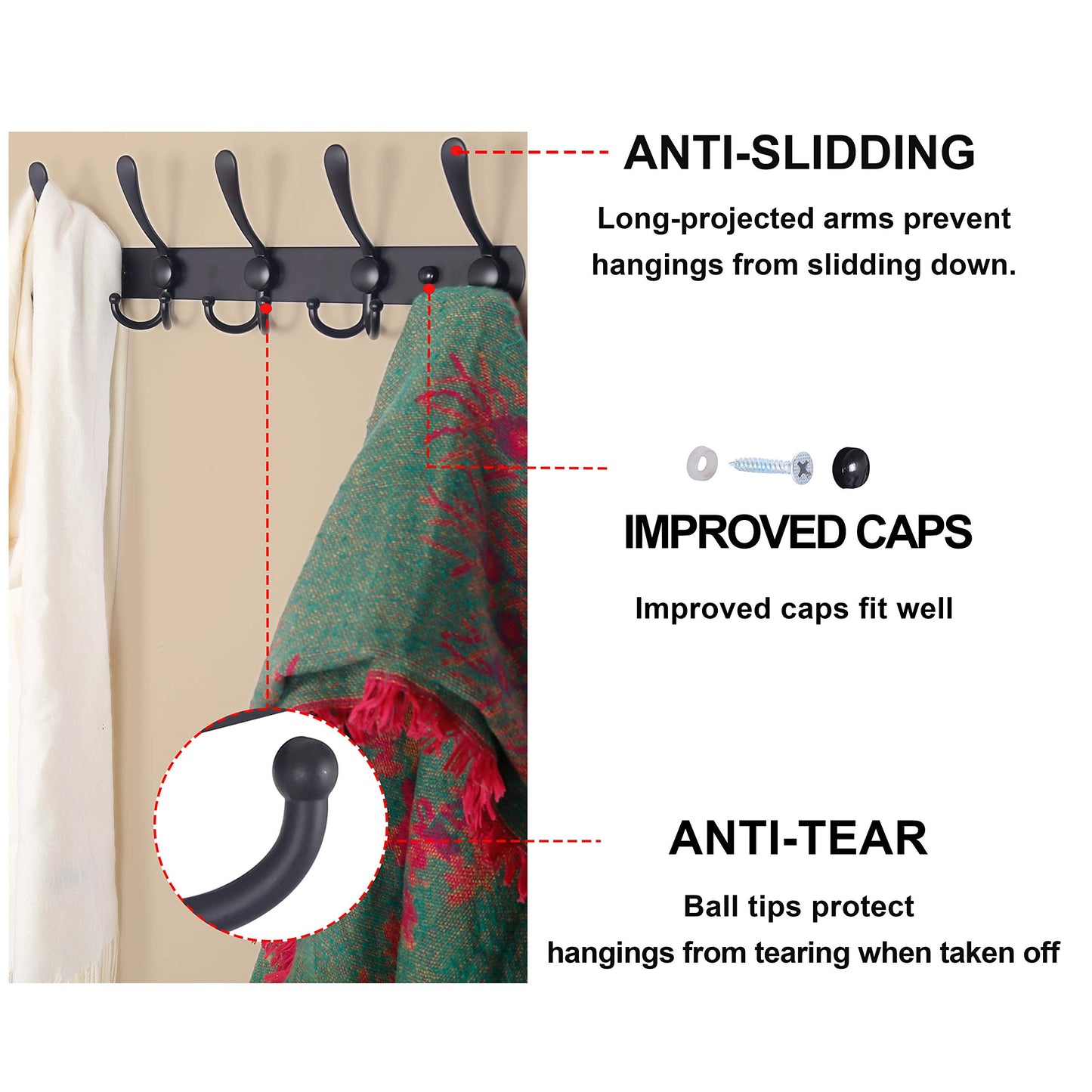 Dseap Coat Rack Wall Mounted - 5 Tri Hooks, Heavy Duty, Stainless Steel, Metal Coat Hook Rail for