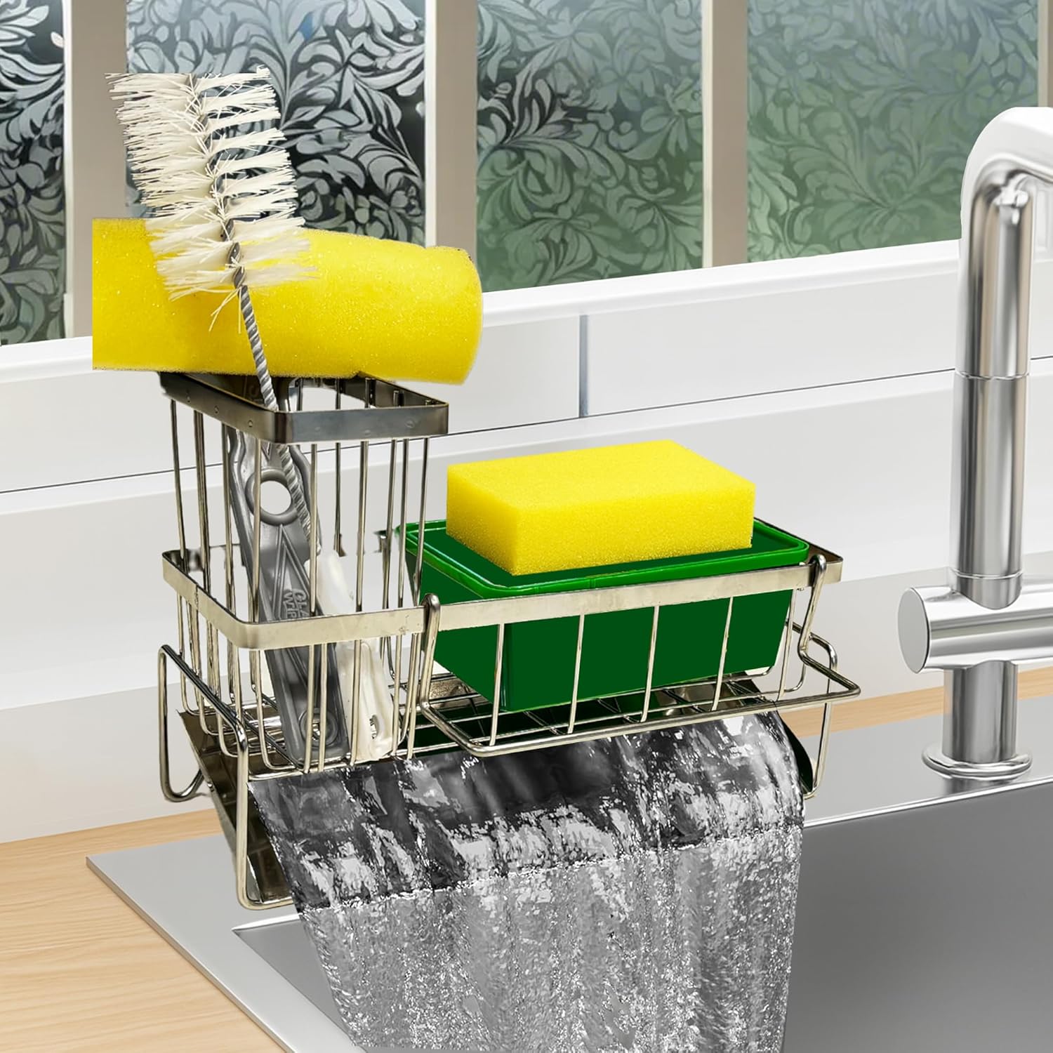 Sponge Holder for Kitchen Sink Self-Draining Sink Caddy with Brush & Dishcloth Holders Stainless