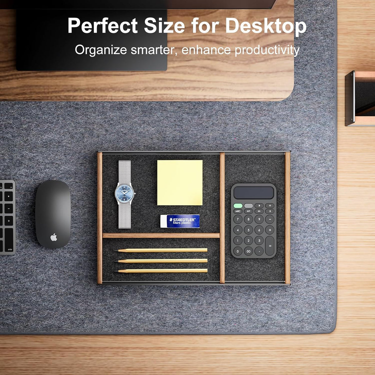 UPERGO Desk Drawer Organizer Tray, Mens Valet Made of Aluminum and Walnut, Aesthetic Desk