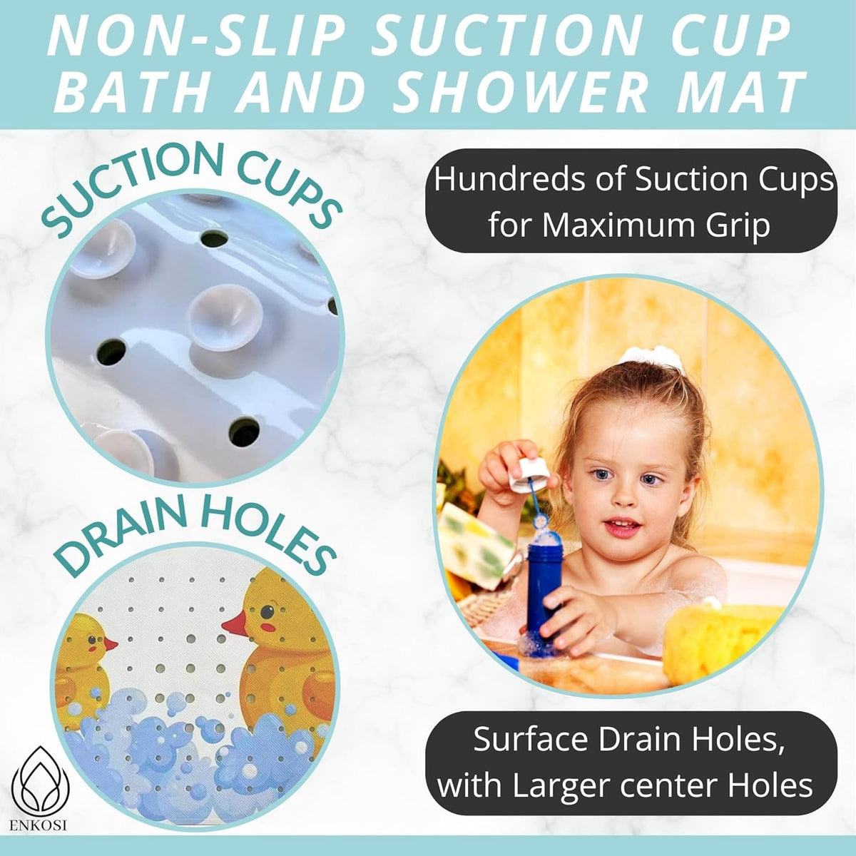 ENKOSI Kids Bath Mat 40x16 – Non-Slip Tub Bathmat Duck Print with Suction Cups & Drain Holes for