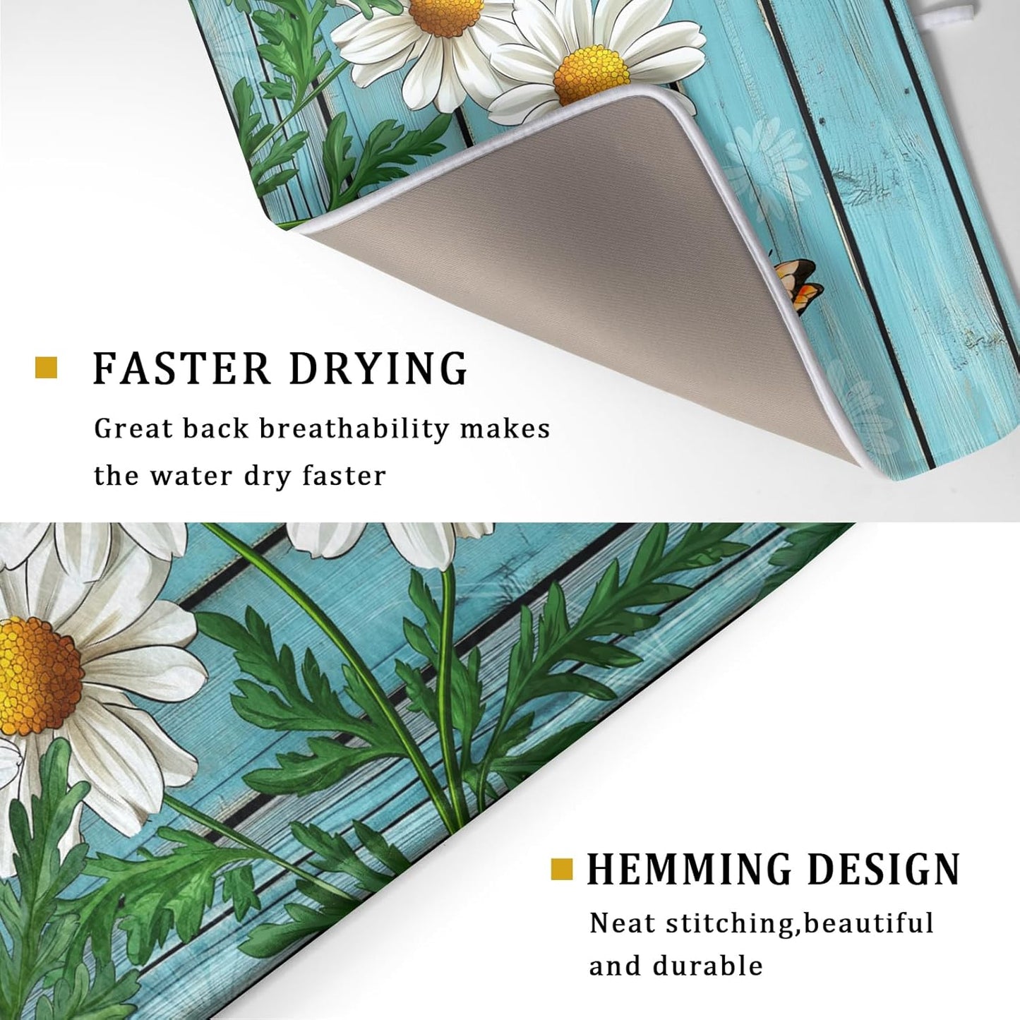 Spring Summer Daisy Flowers Dish Drying Mat for Kitchen Counter 18”x24” Rustic Daisy Absorbent Dish
