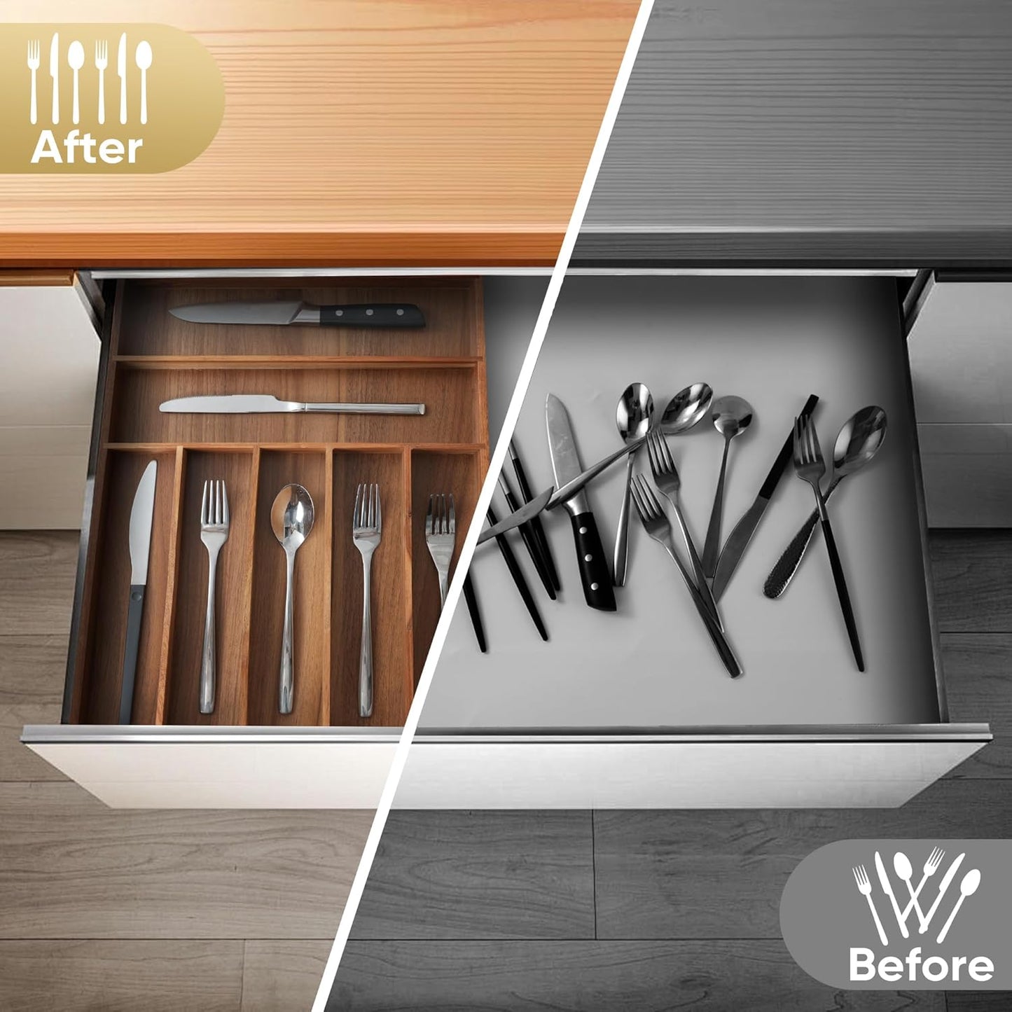 Silverware Organizer, 12.5 Inch Utensil Organizer Kitchen Drawer Organizer Acacia Silverware Holder