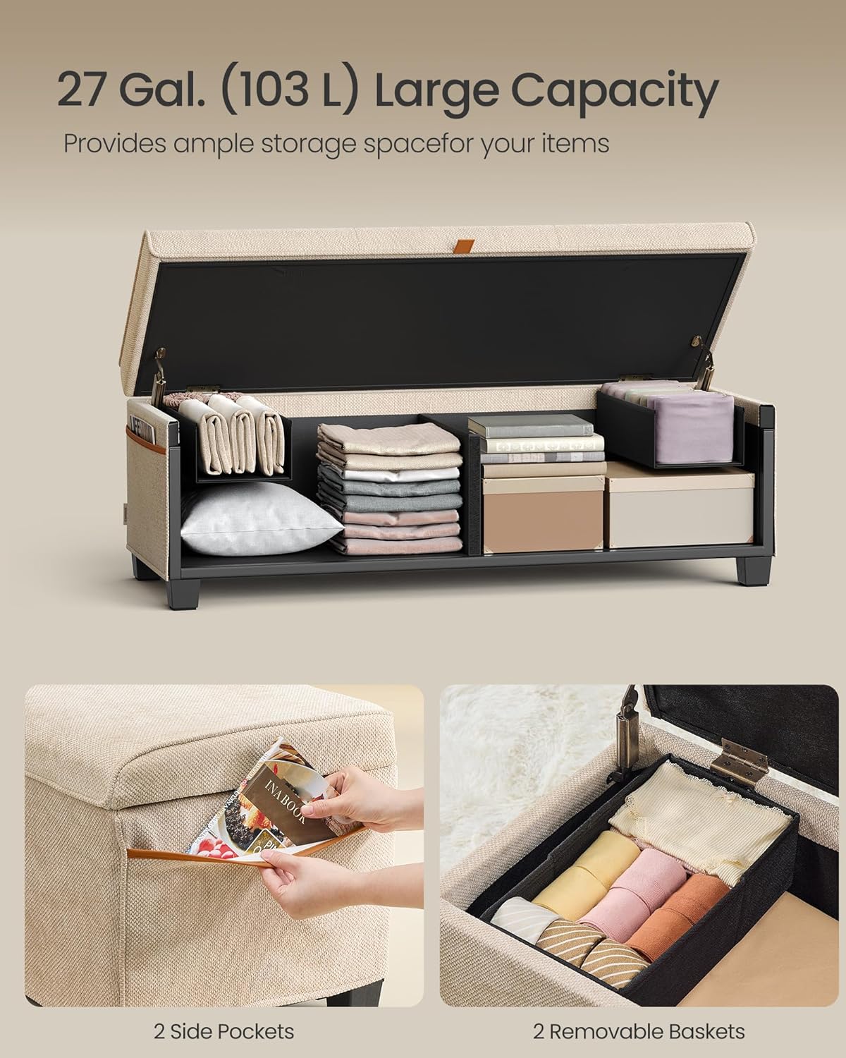 SONGMICS Storage Ottoman Bench, Storage Chest, 15.7 x 43.3 x 15.7 Inches, End of Bed Bench, 27 Gal.