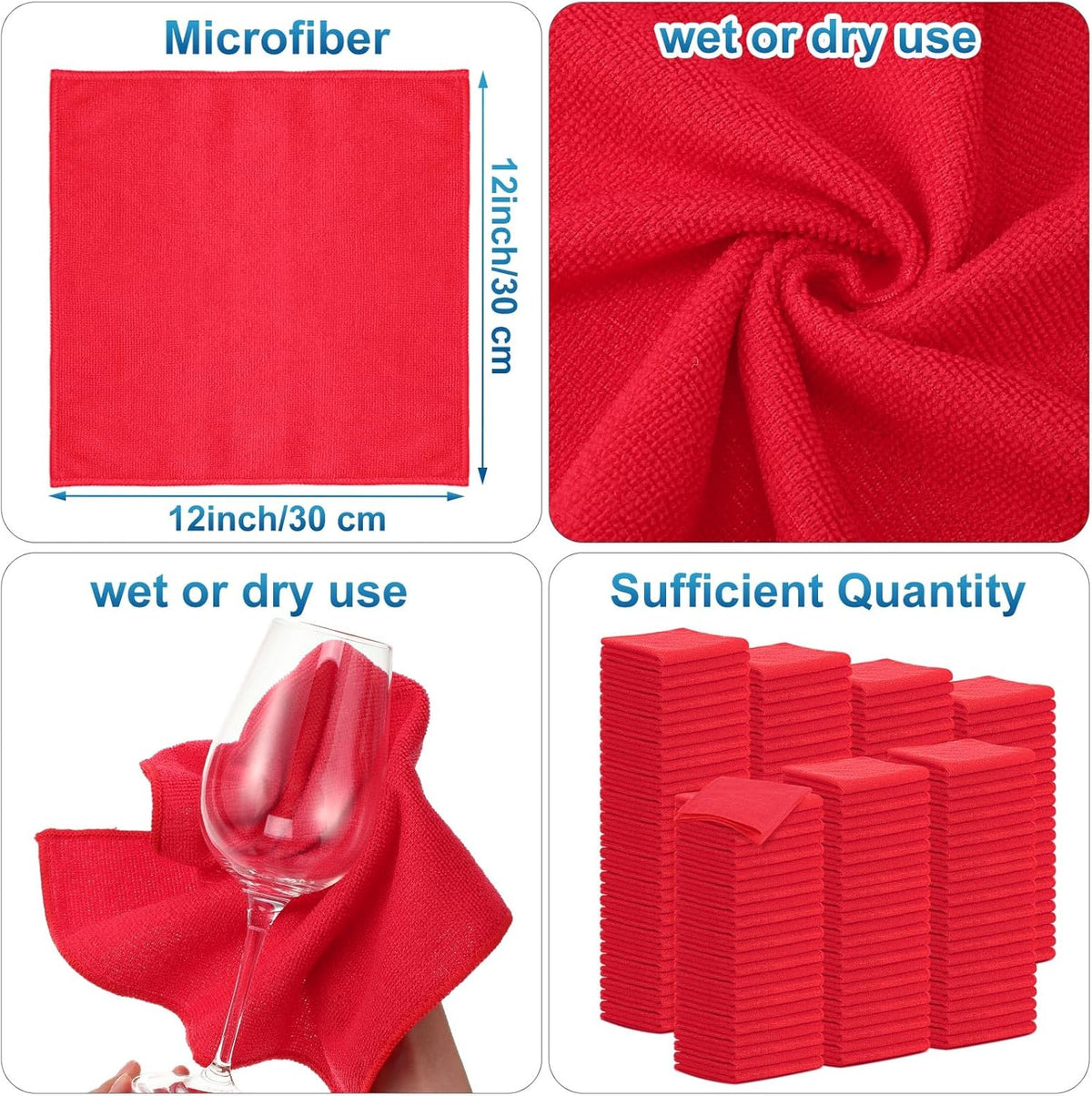 Tenare 100 Pack 12'' x 12'' Microfiber Cleaning Cloths Reusable Cleaning Rags Bulk Microfiber