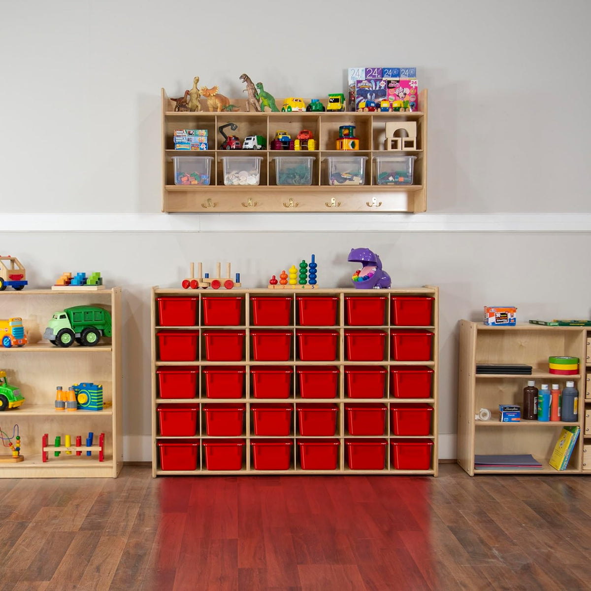 Wood Designs Cubby Storage Bin, Heavy Duty Plastic Containers for Kids Red Cubby Tray Set of 20
