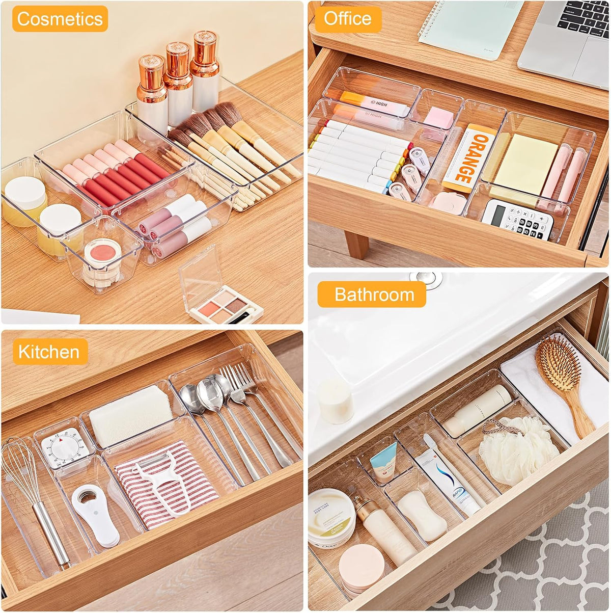 SMARTAKE 13-Piece Drawer Organizers with Non-Slip Silicone Pads, 5-Size Desk Bathroom Drawer