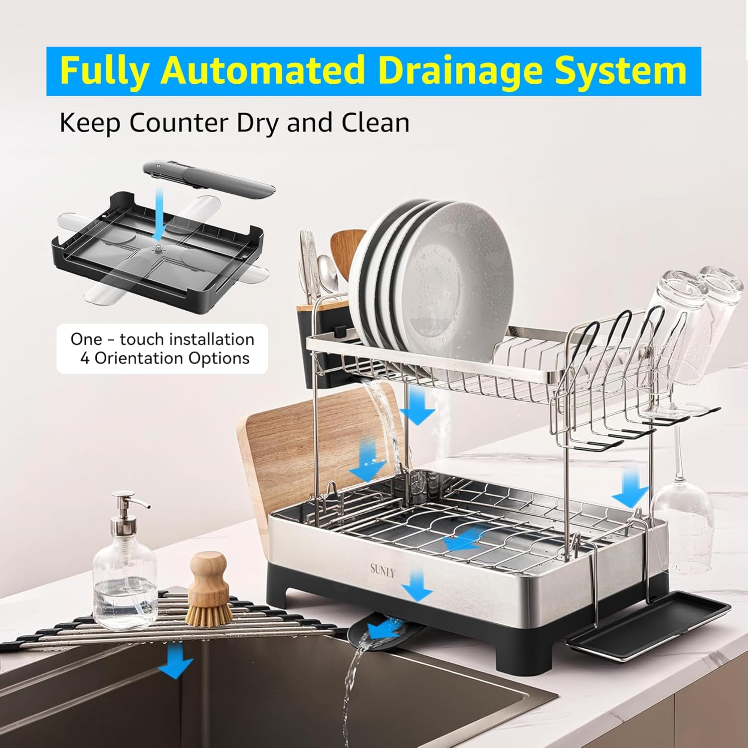 SUNLY 2 Tier Dish Drying Rack, Extra Large Dish Rack, Multifunctional Large Dish Drainers for