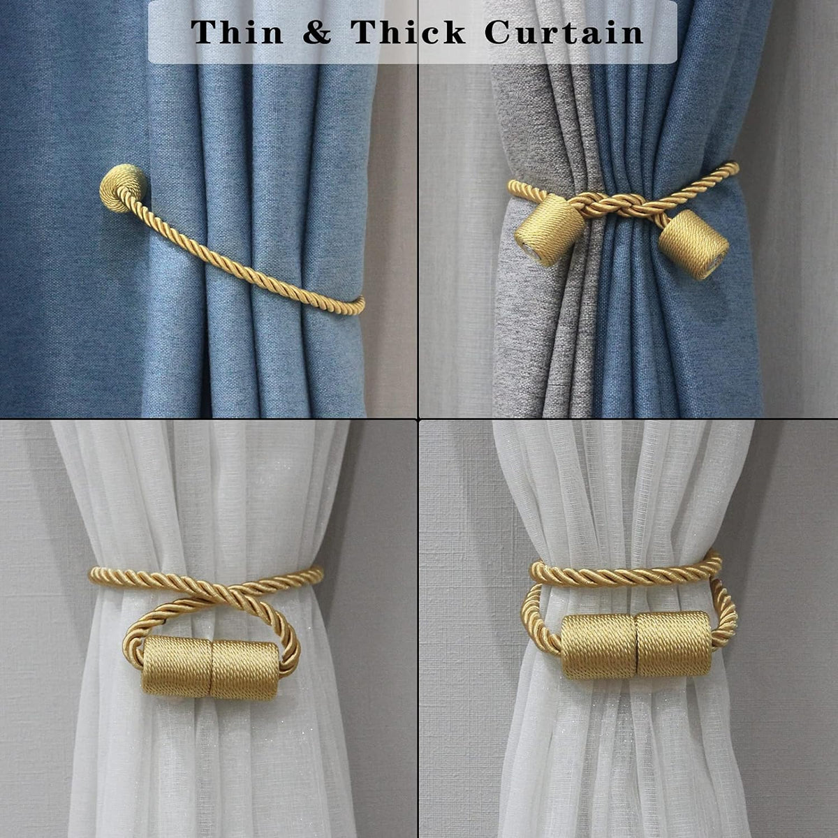 4 Pack Gold Strong Magnetic Curtain Tiebacks Outdoor Elegant Decorative Tie Backs Modern Rope
