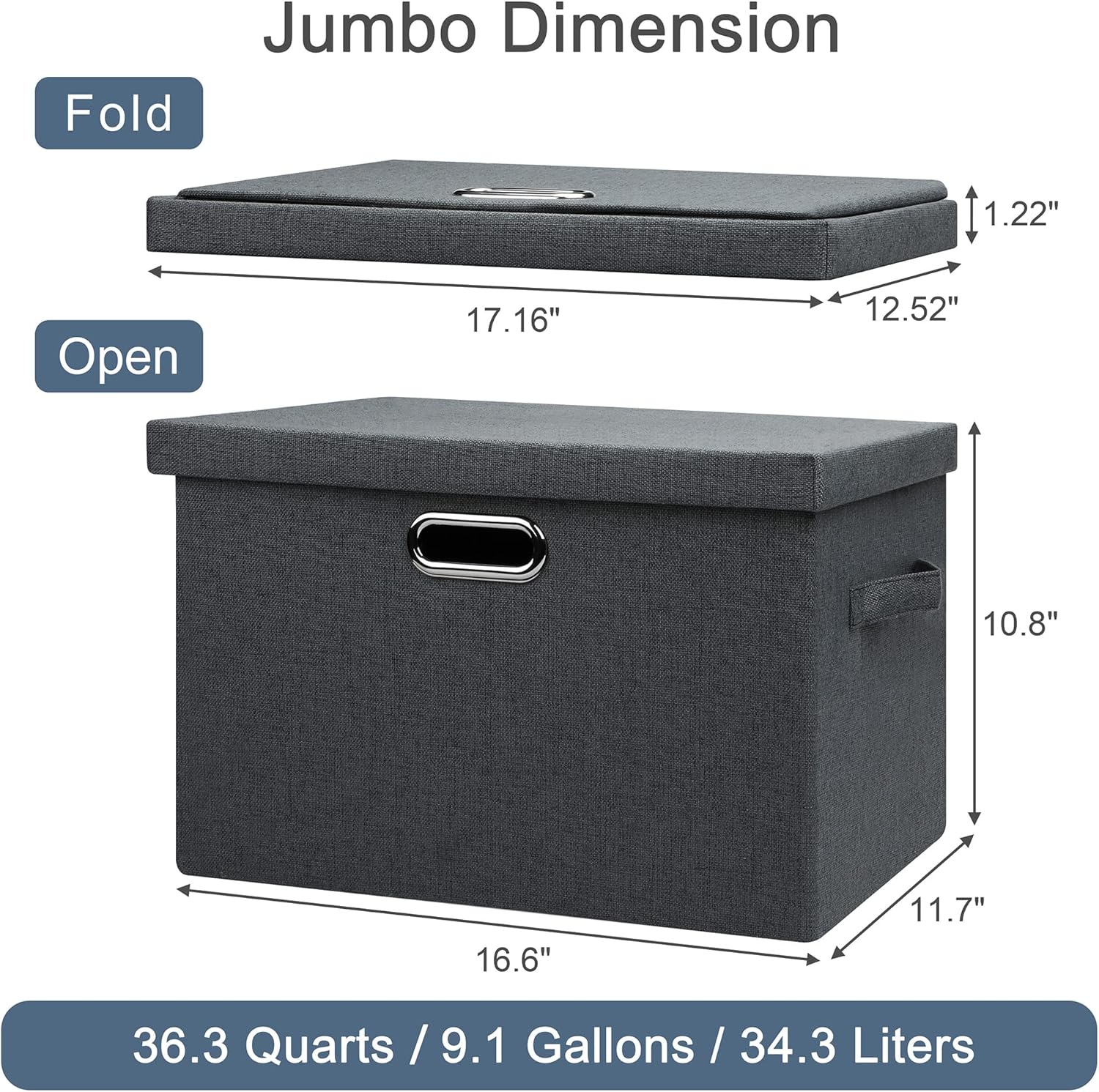 Large 17" 36 Quart Collapsible Stackable Storage Bins with Lids, 3 Packs Dark Gray Foldable Fabric