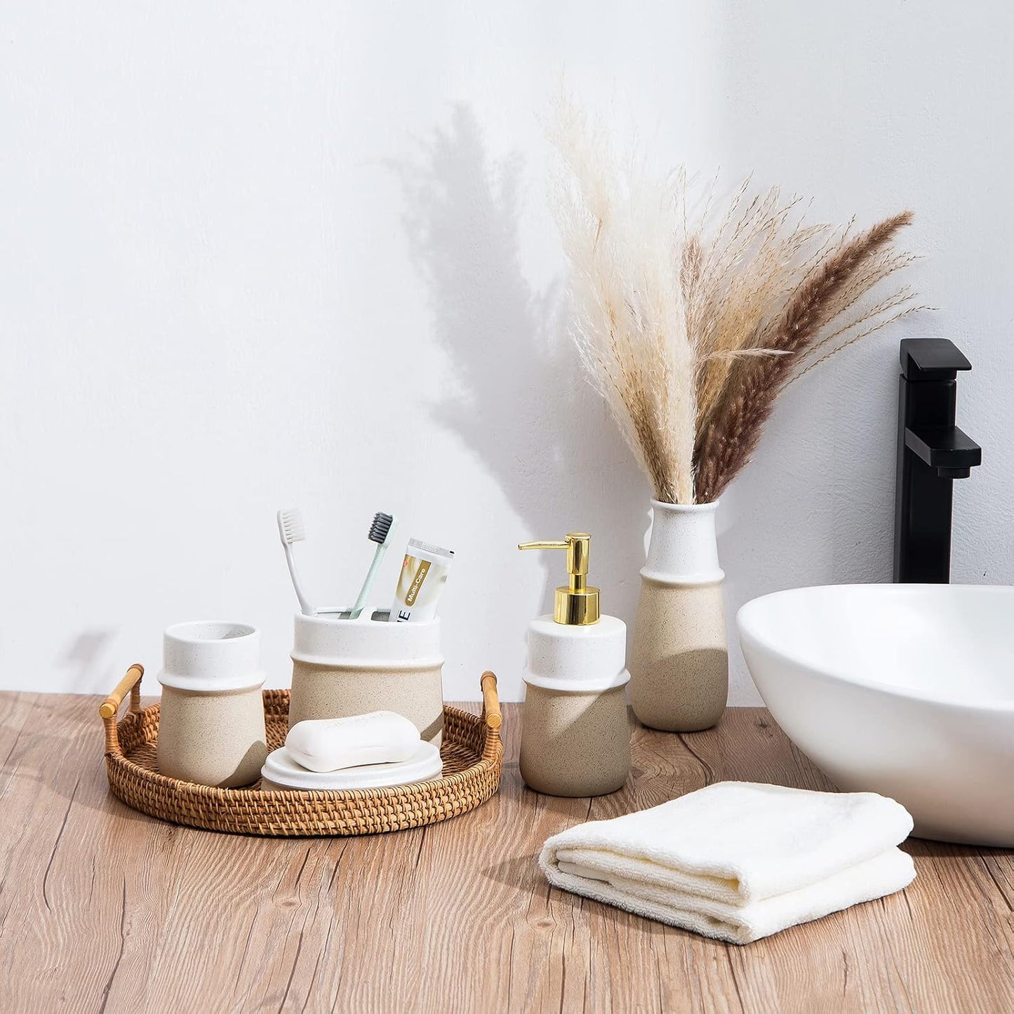 Beige Ceramic Soap Dispenser for Kitchen, Refillable Hand Dispenser with Rust Proof Stainless Steel