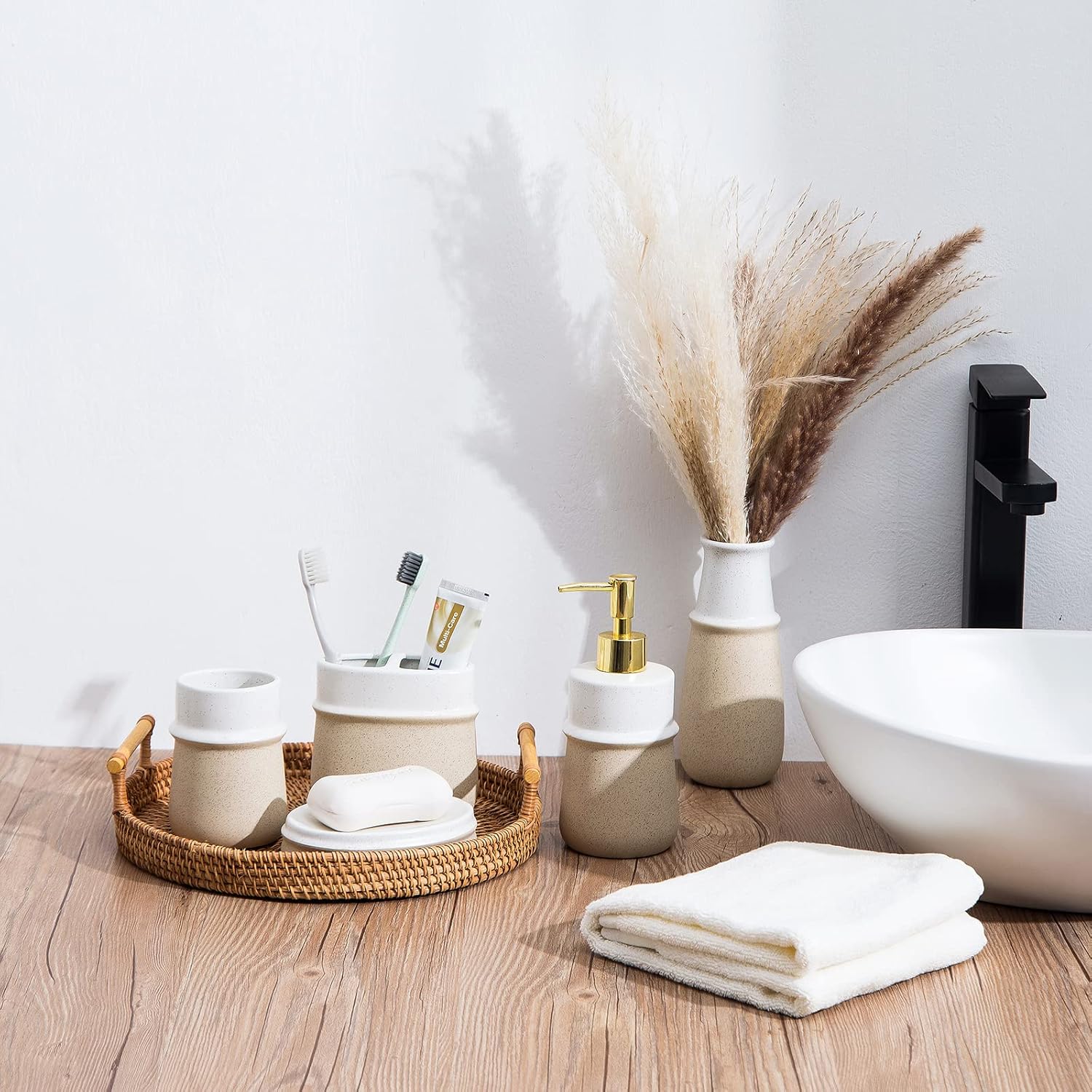 Beige Ceramic Soap Dispenser for Kitchen, Refillable Hand Dispenser with Rust Proof Stainless Steel