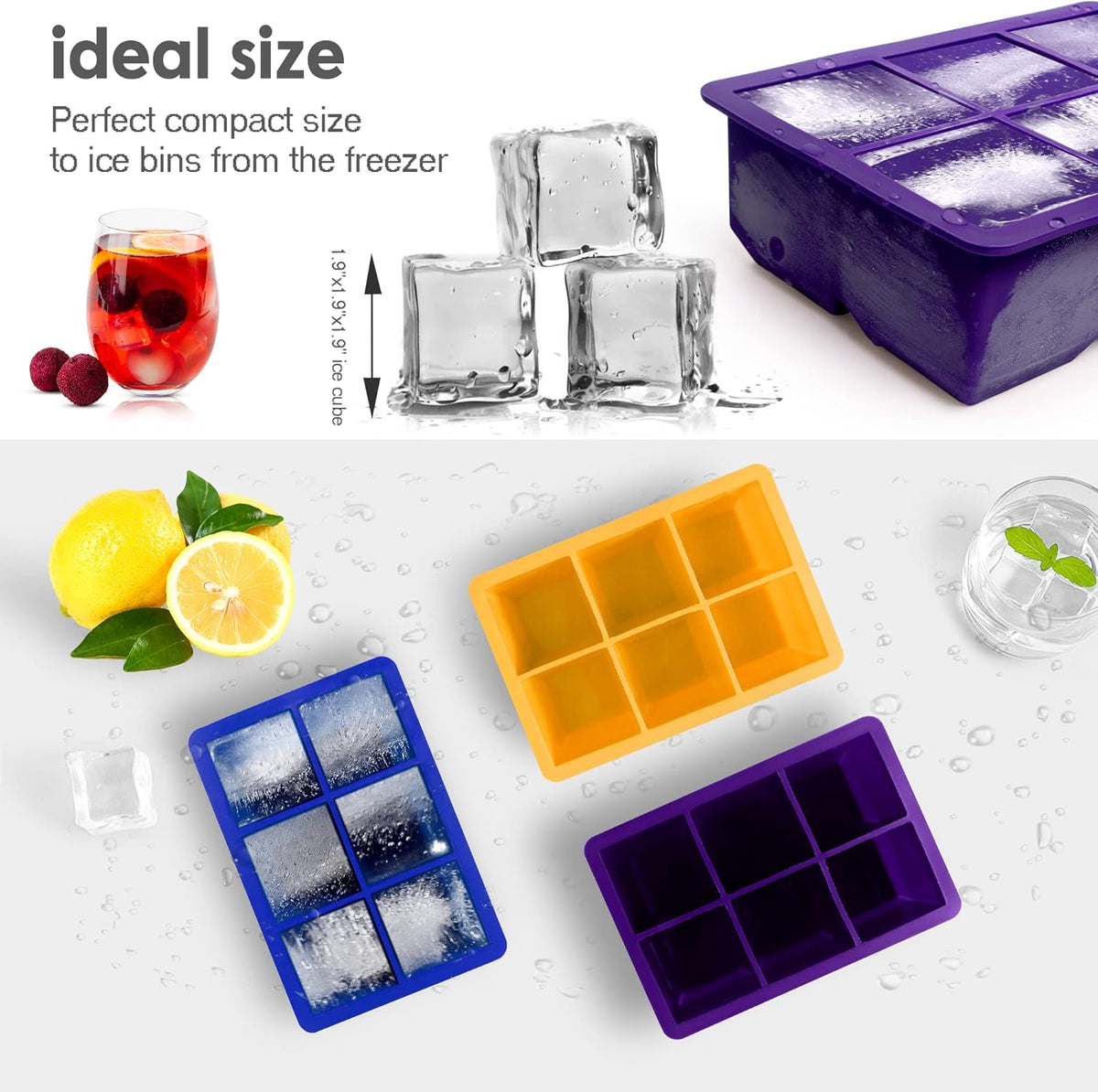 Silicone Ice Cube Trays 3 Pack - Large Size Silicone Ice Cube Molds with Leak Proof Removable Lid
