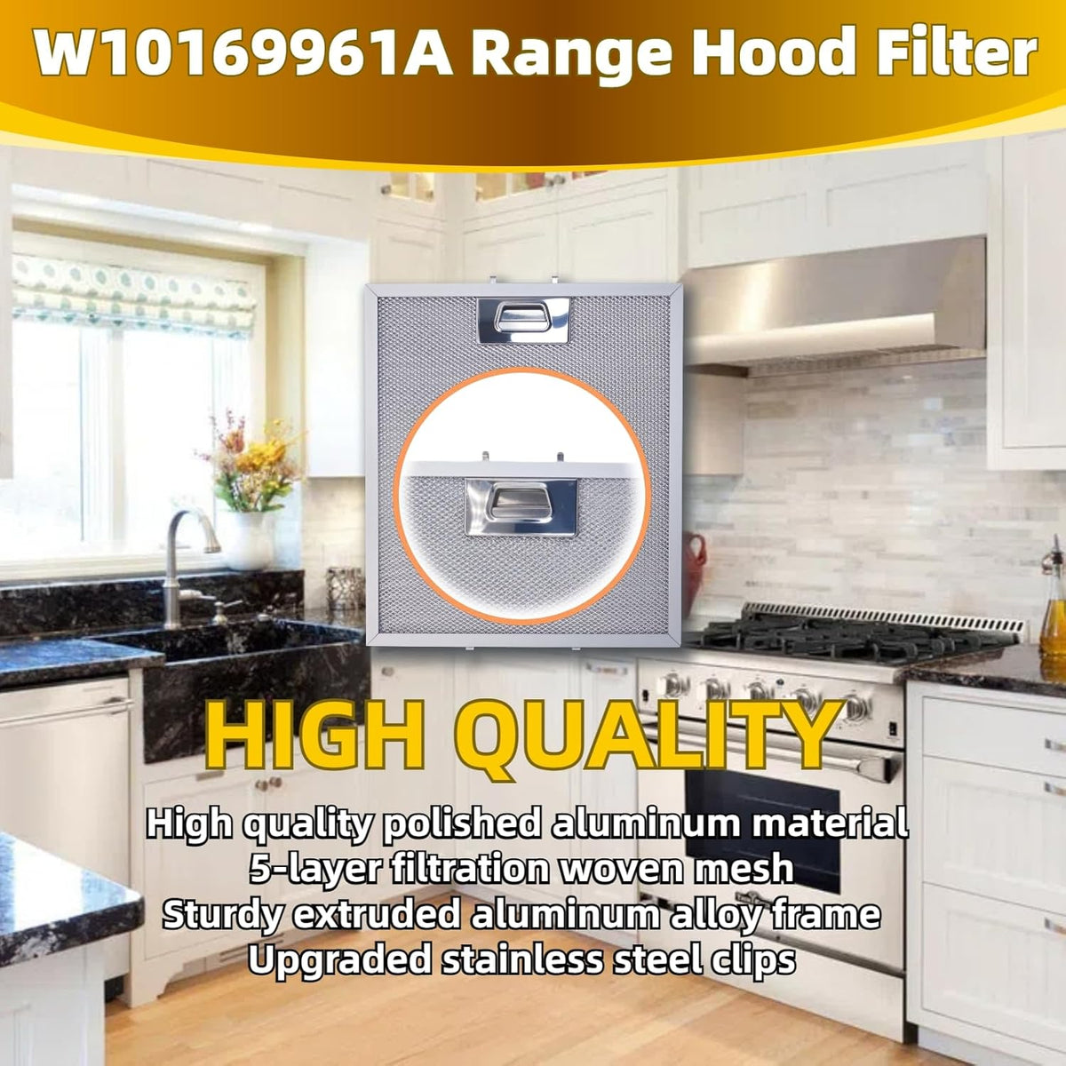 W10169961A 5 Layer Aluminum Mesh Range Hood Filter Replacement 12" x 10.5" for Whirlpool Vent Hood