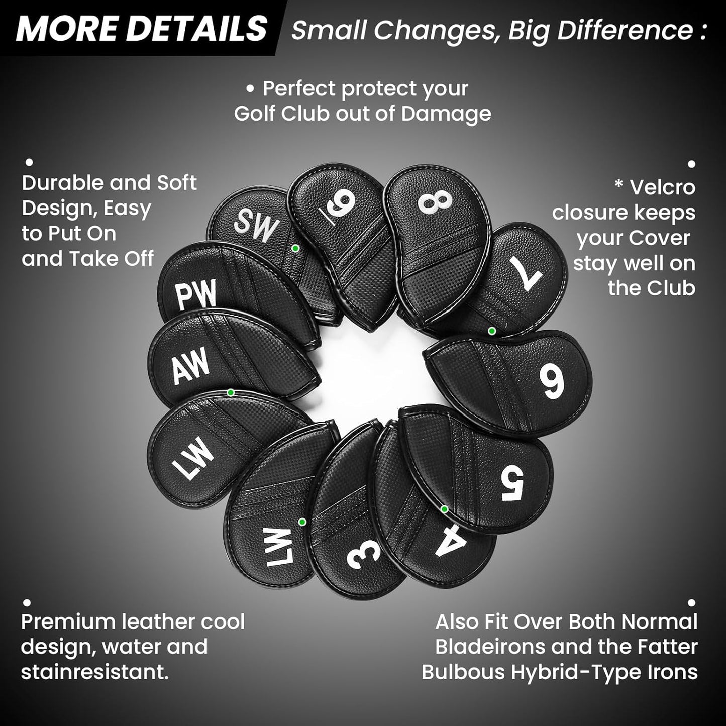 Amy Sport Golf Iron Head Covers Value 12 Pcs Set Thick Synthetic Leather, Protection Weatherproof