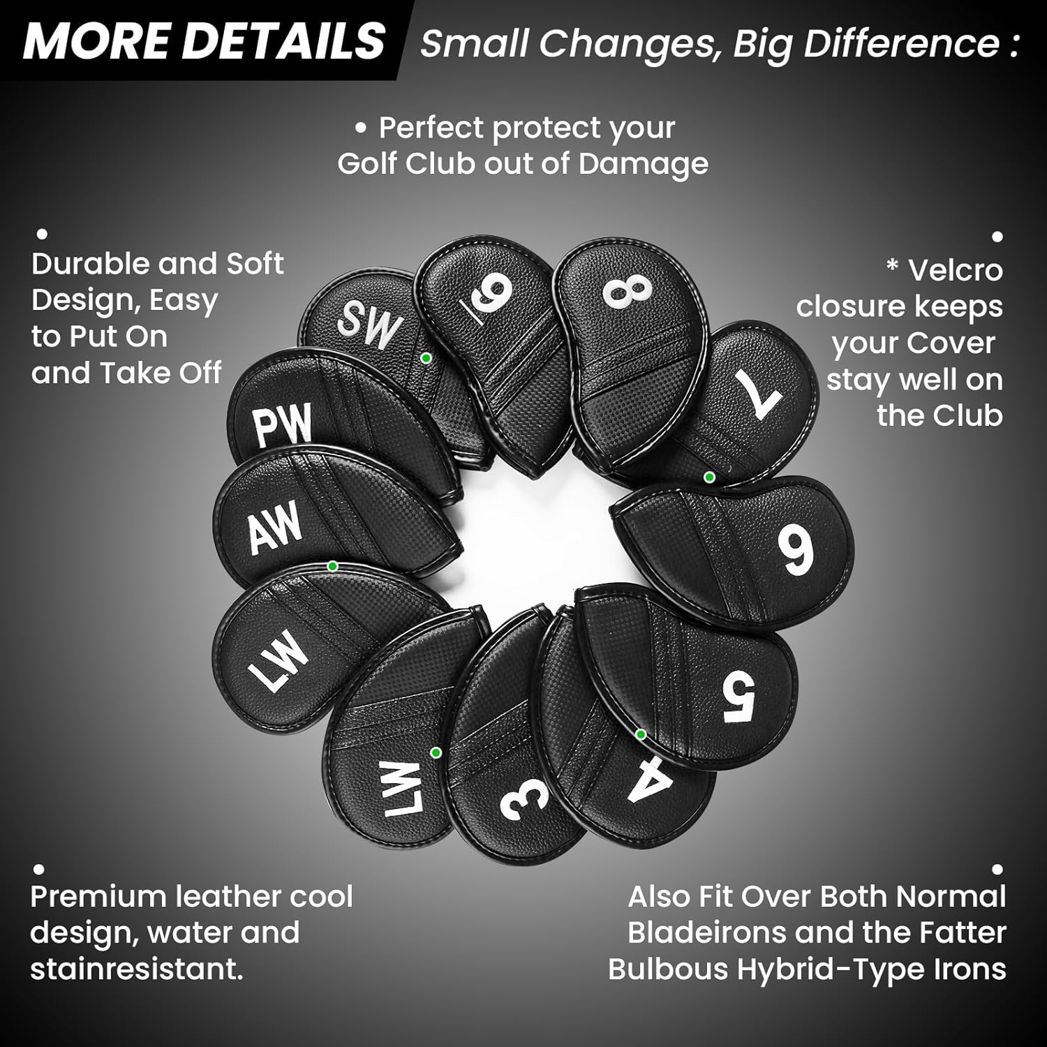 Amy Sport Golf Iron Head Covers Value 12 Pcs Set Thick Synthetic Leather, Protection Weatherproof