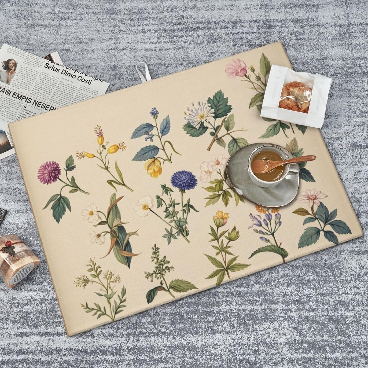 Vintage Plants Herbs Floral Dish Drying Mat Highly Absorbent Double-Sided Microfiber with Hanging