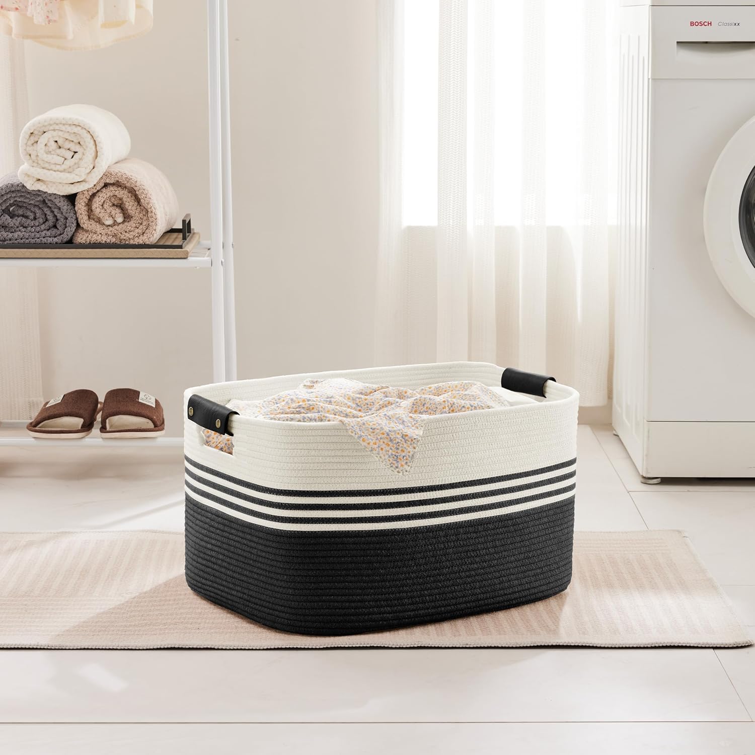 60L Large Laundry Basket with Leather Handles for Living Room Storage, Woven Rope Baskets Bin for