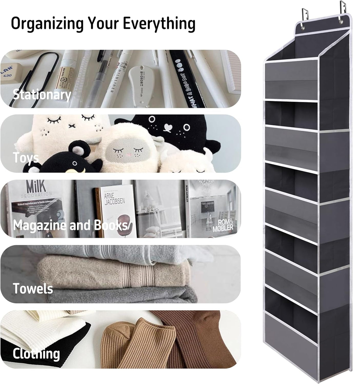 Over Door Organizer with 5 Large Pockets, Heavy Duty Hanging Organizer Storage, Closet Bathroom