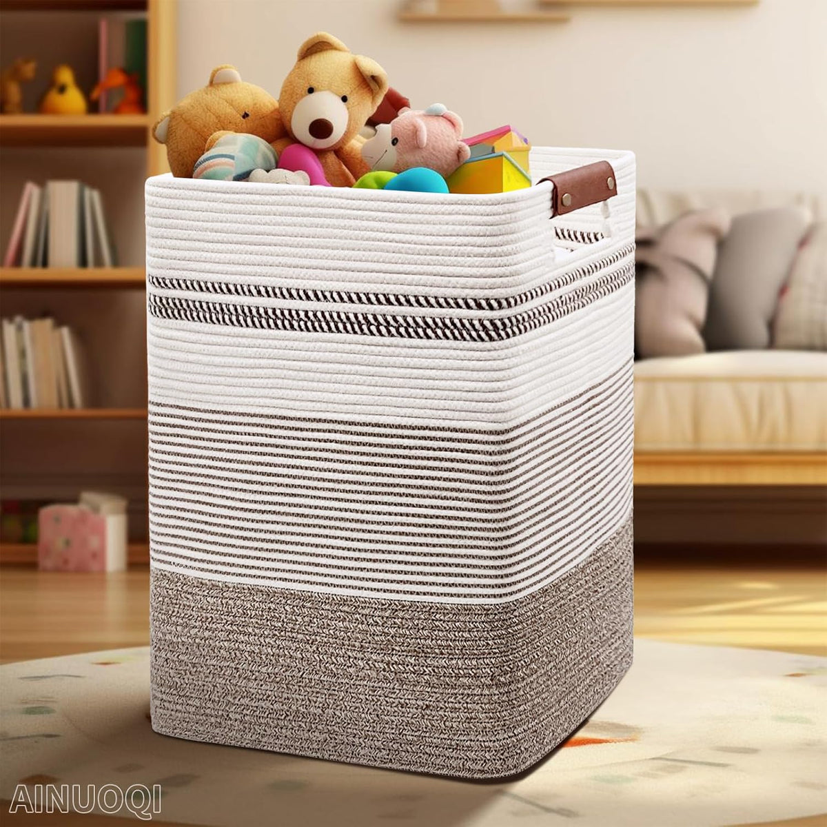 Laundry Hamper - Tall Woven Rope Laundry Basket - Clothes hamper with Leather Handles, 17.8" X