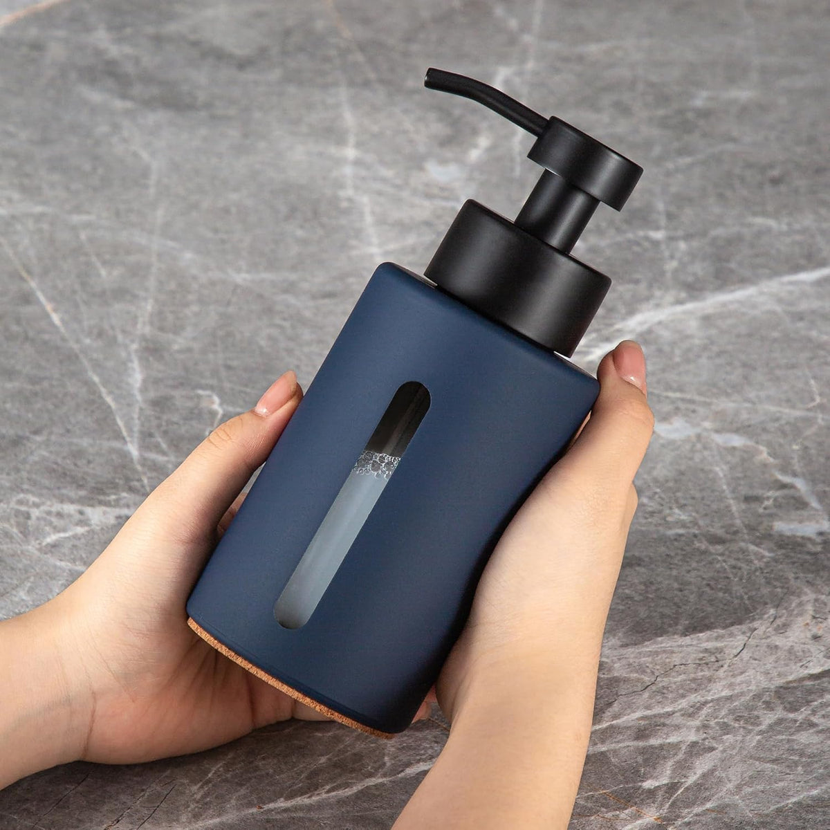 Enra Glass Hand Soap Dispenser,12oz Navy Blue Liquid Bathroom Soap Dispenser with Stainless Steel