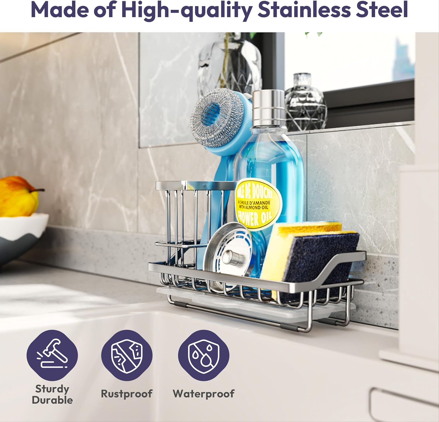 SWTYMIKI Kitchen Sink Caddy Sponge Holder, Kitchen Sink Organzier and Storage with High Brush