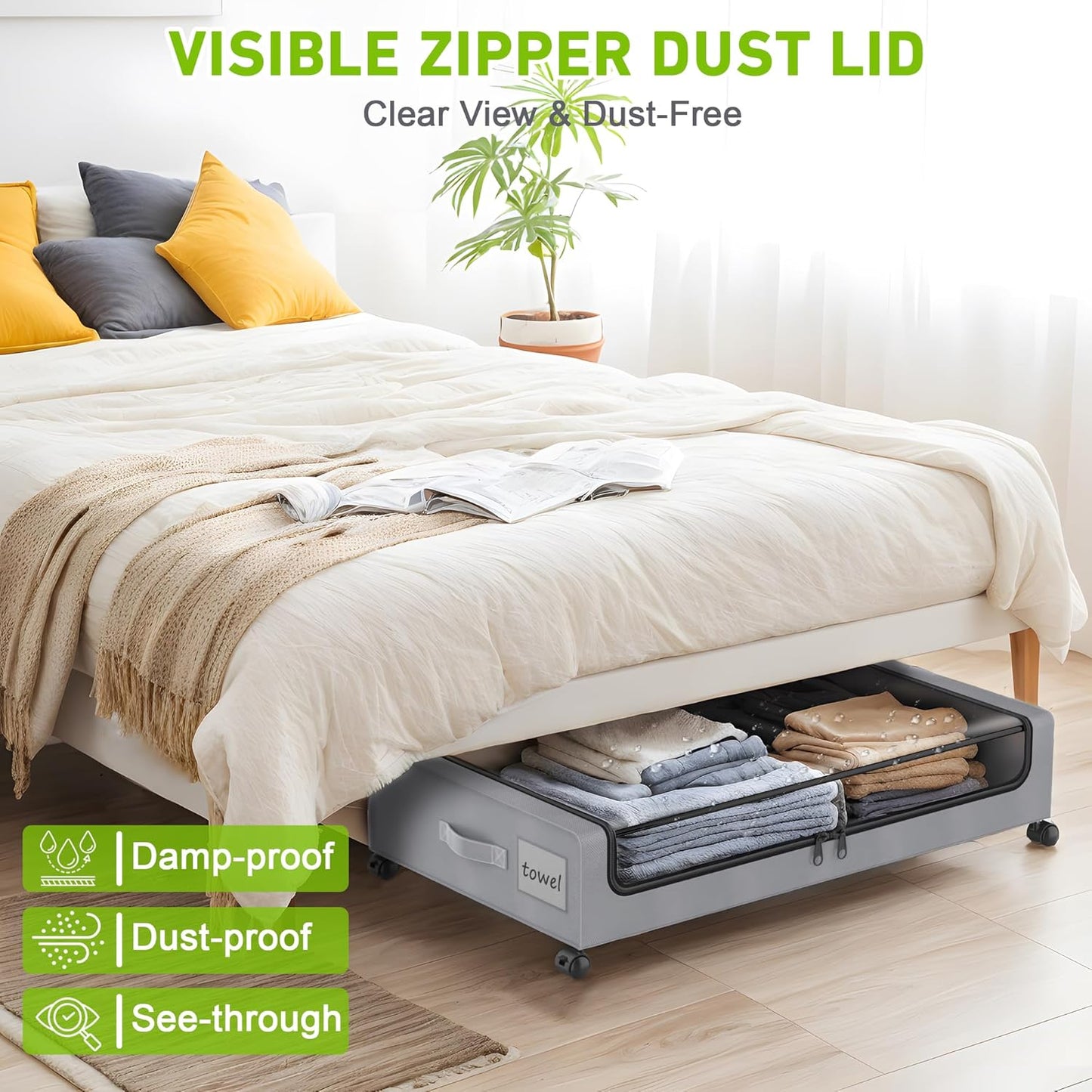 Under Bed Storage with Wheels, 4-Pack Under the Bed Storage Containers with Clear Lids & Label