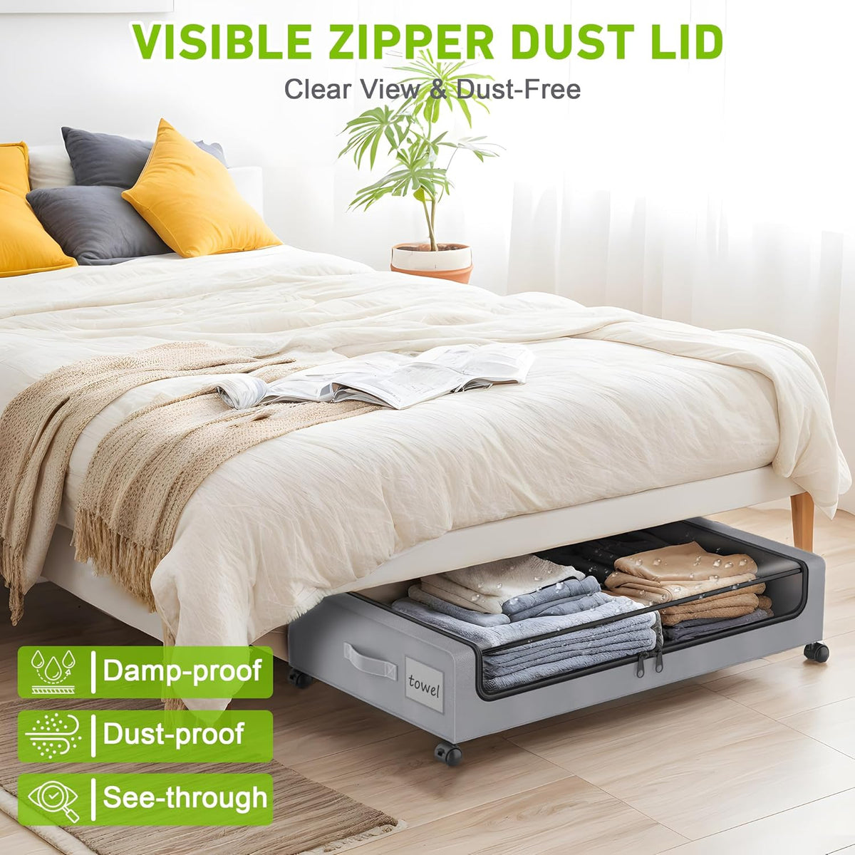 Under Bed Storage with Wheels, 4-Pack Under the Bed Storage Containers with Clear Lids & Label
