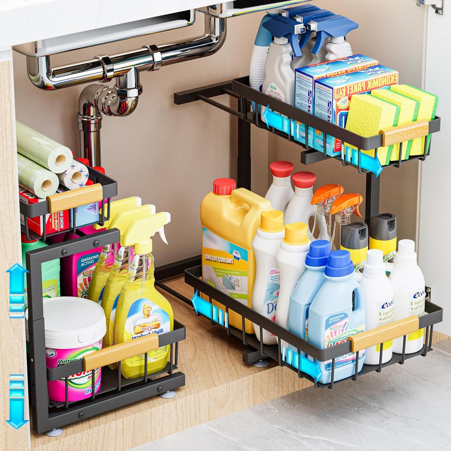 ADBIU Under Sink Organizer, 2 Pack 2 Tier Expandable Height (13.2" - 17.2") Pulling Out Kitchen