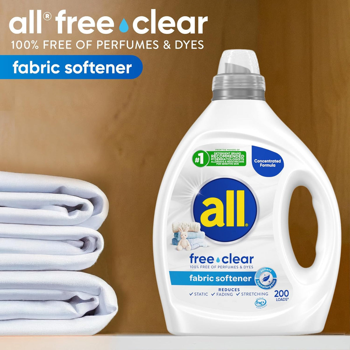 all free clear, Original, Liquid Fabric Softener for Sensitive Skin, Unscented and Hypoallergenic