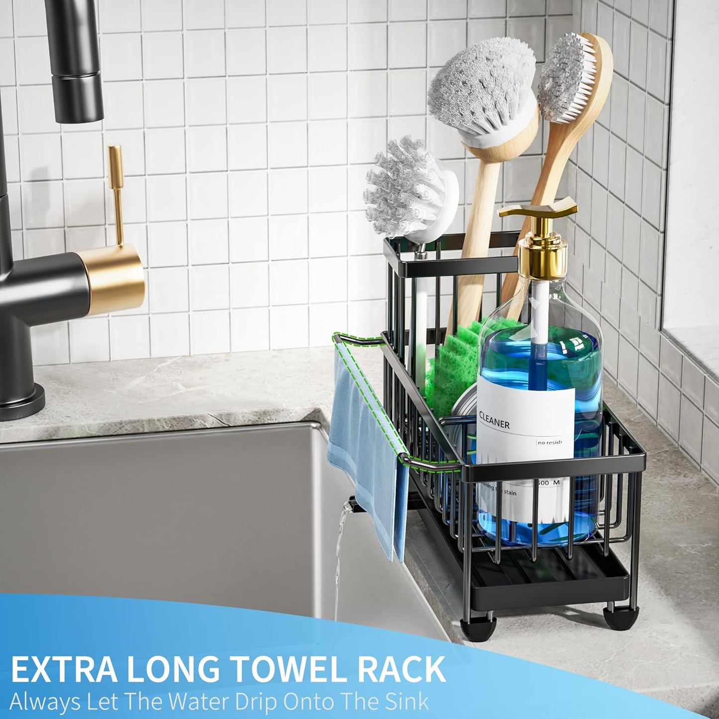Cisily Sponge Holder for Kitchen Sink with Towel Rack, Sink Caddy with Kitchen High Brush Holder