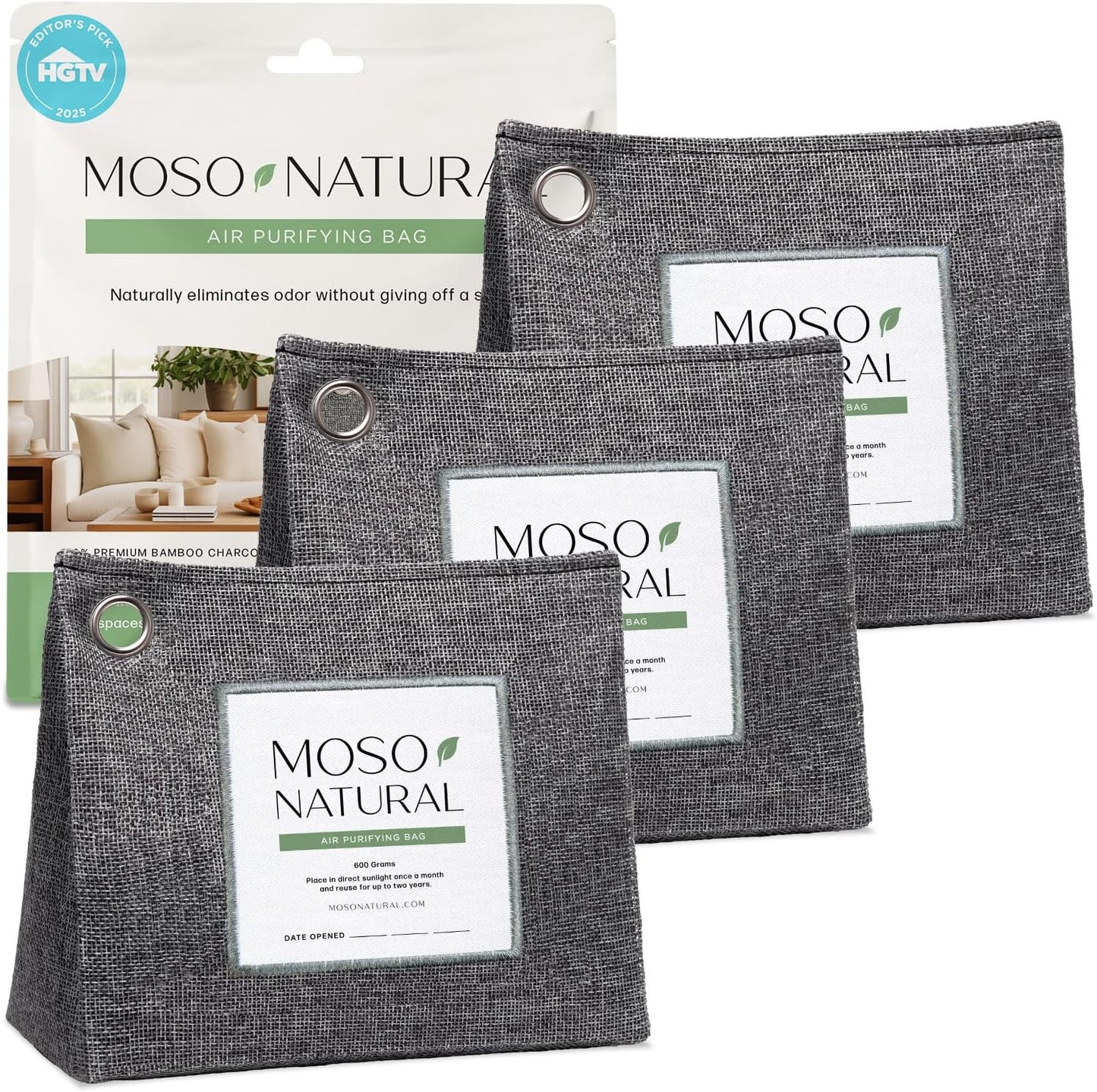 Moso Natural Air Purifying Bag 600g (3 Pack) Premium Bamboo Charcoal Odor Absorber | Pet Odor