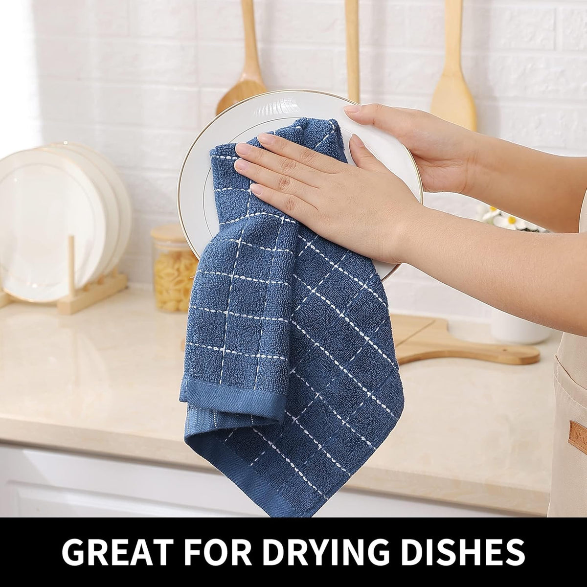 Homaxy 100% Cotton Terry Kitchen Towels(Navy Blue, 13 x 28 inches), Checkered Designed, Soft and