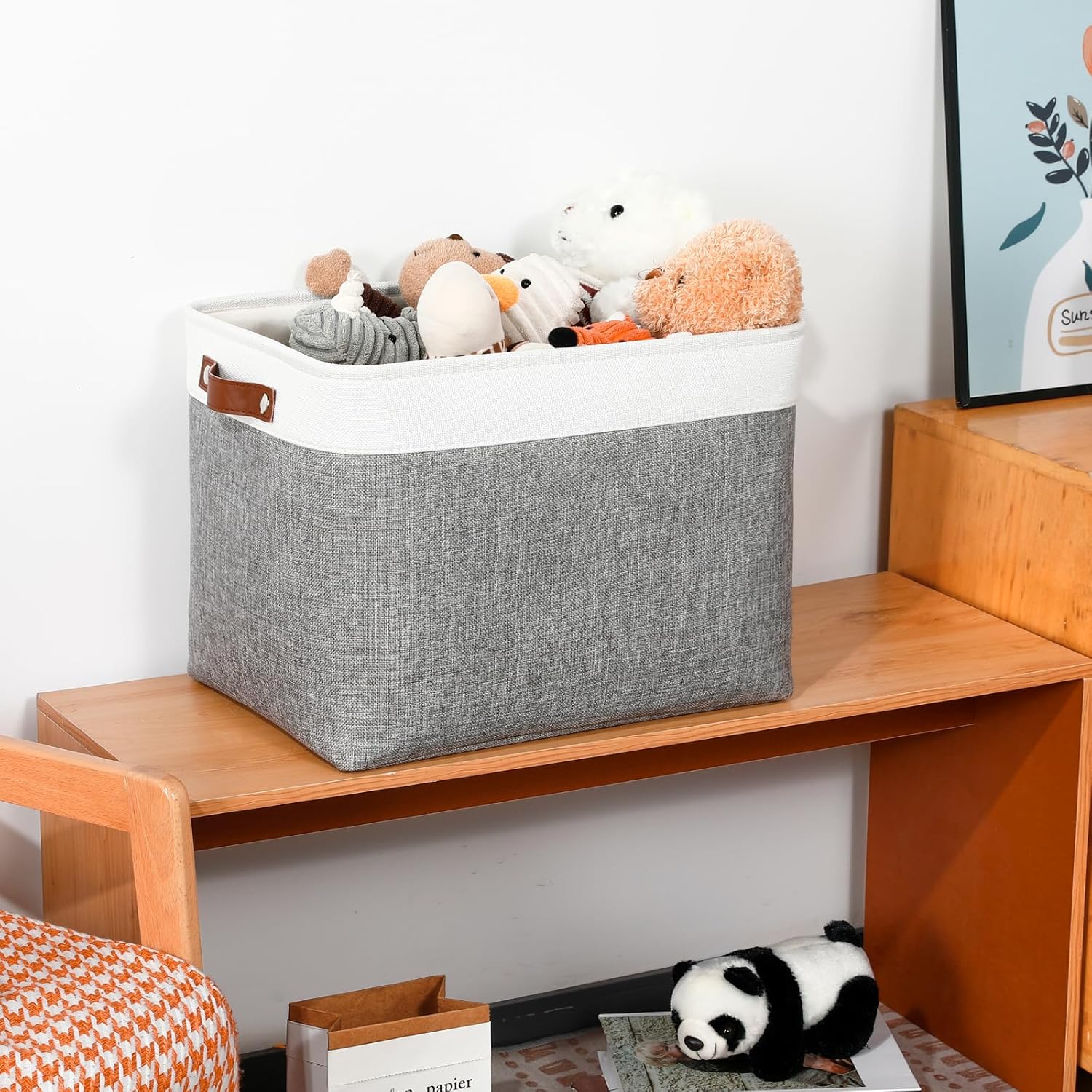 DULLEMELO Large Storage Baskets, Fabric Storage Basket with Leather Handles for Shelves Closet