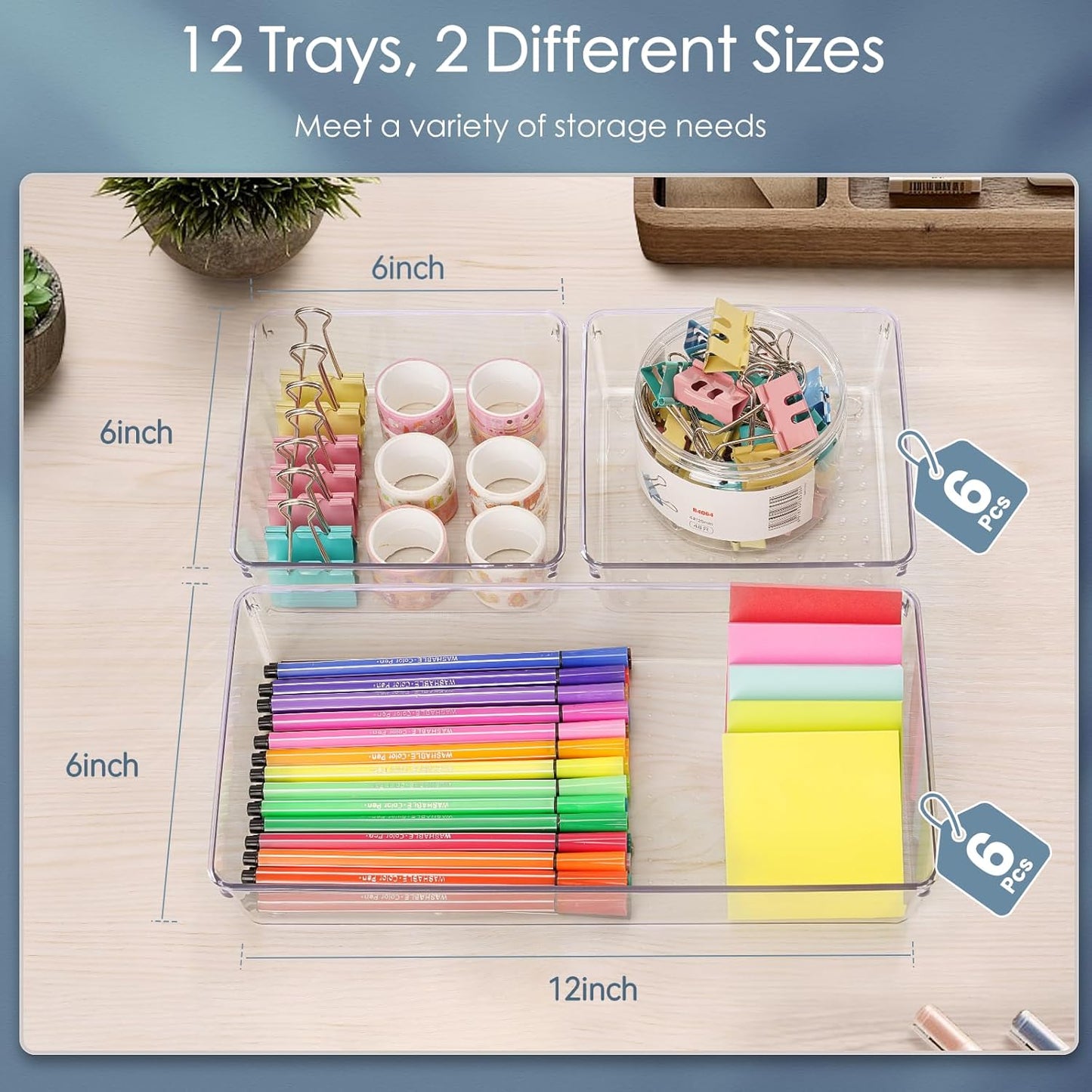 12 Pack Large Clear Plastic Drawer Organizer Set, Acrylic Bathroom Organizer Vanity Trays Dividers